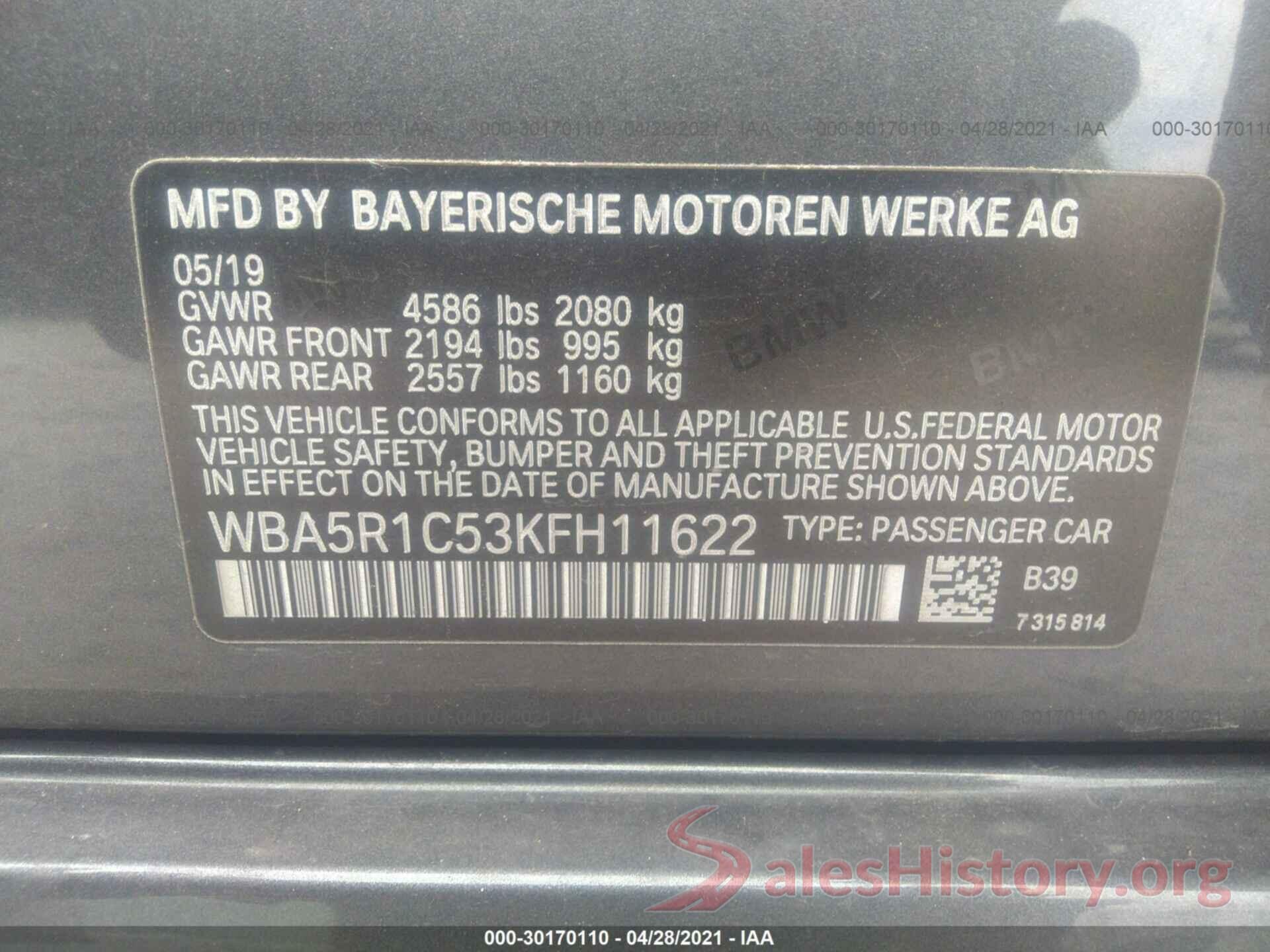 WBA5R1C53KFH11622 2019 BMW 3 SERIES