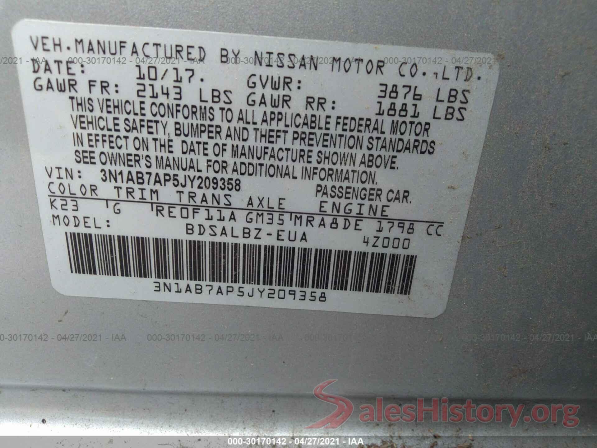 3N1AB7AP5JY209358 2018 NISSAN SENTRA