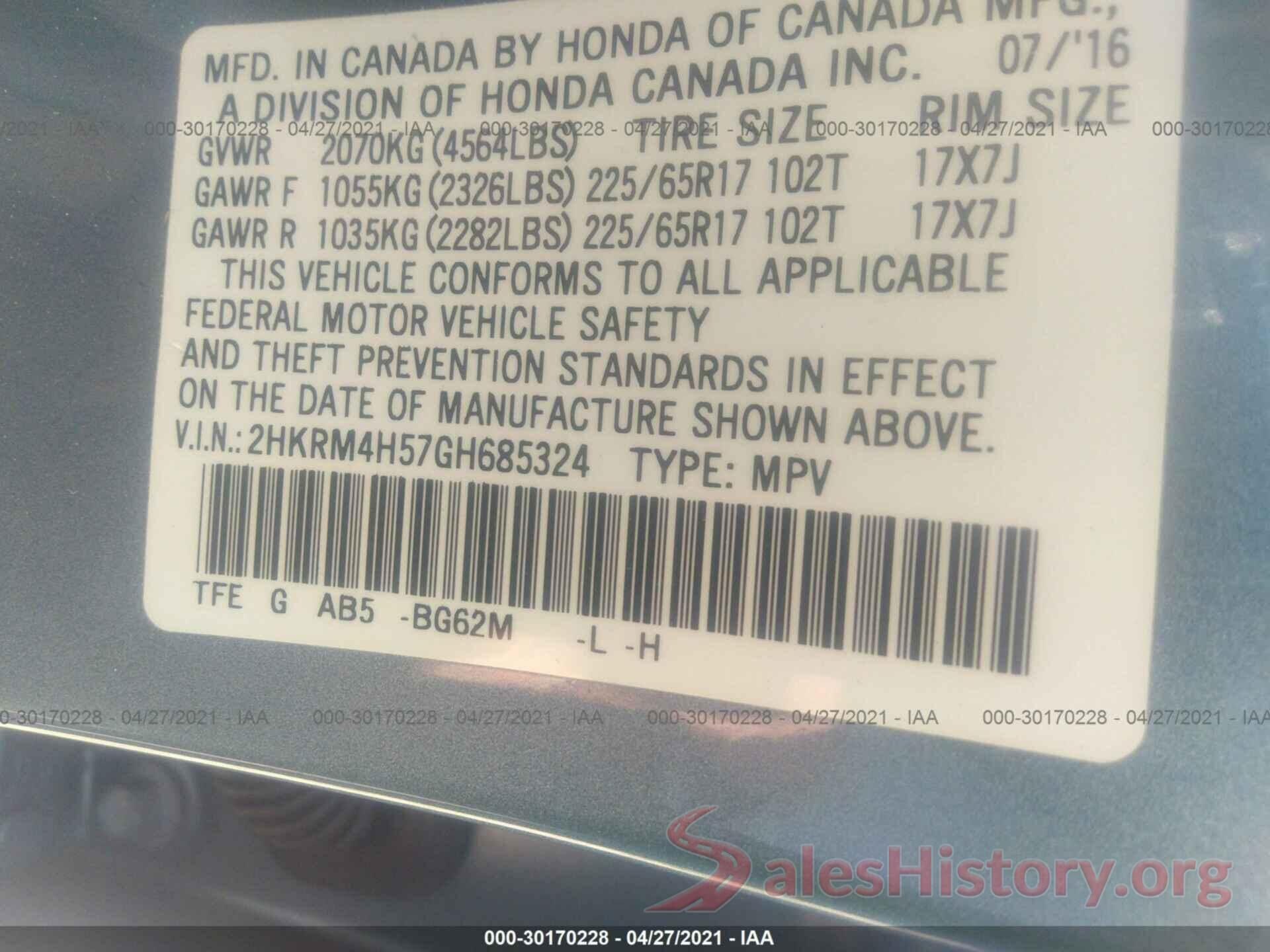 2HKRM4H57GH685324 2016 HONDA CR-V