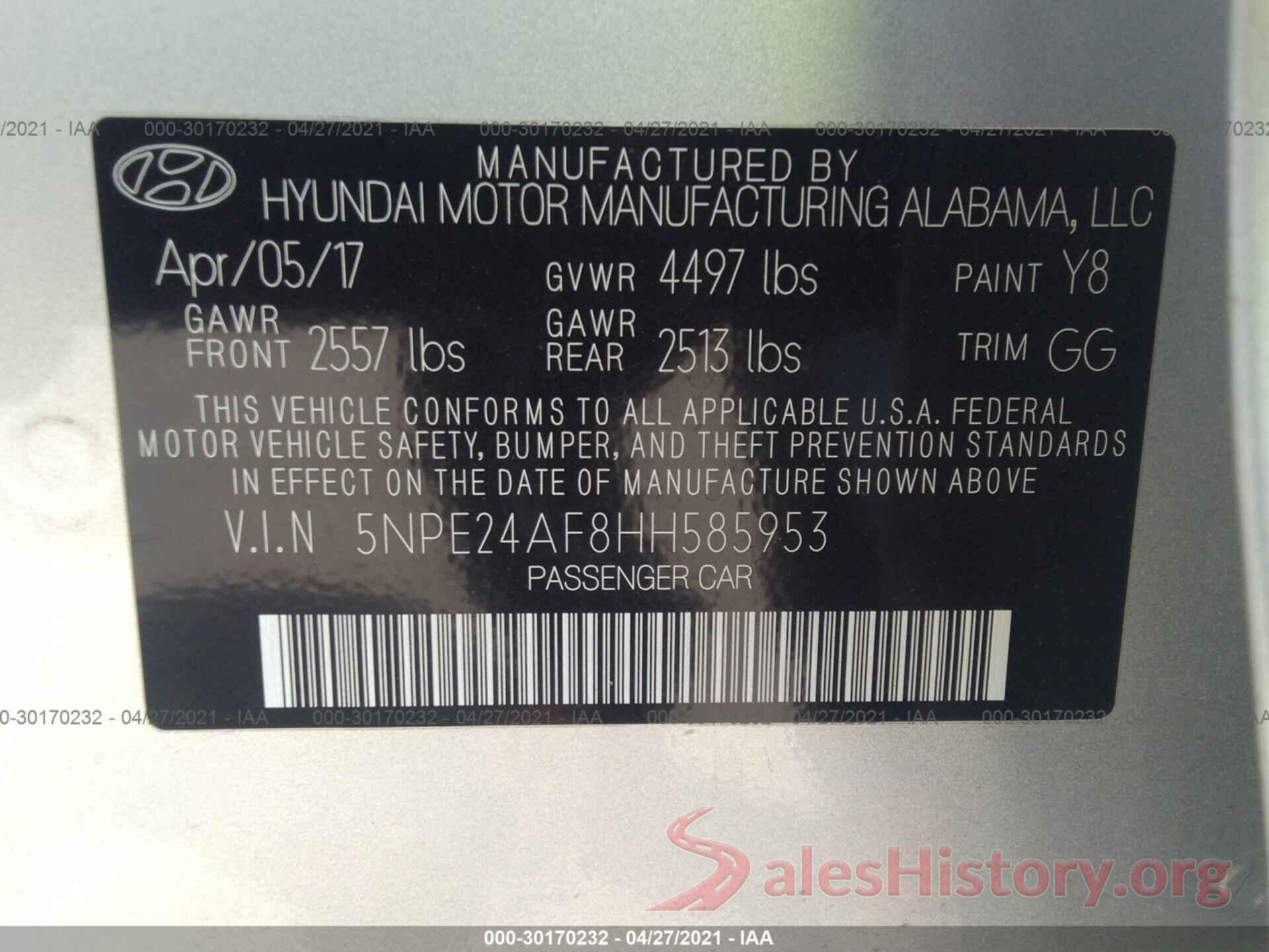 5NPE24AF8HH585953 2017 HYUNDAI SONATA