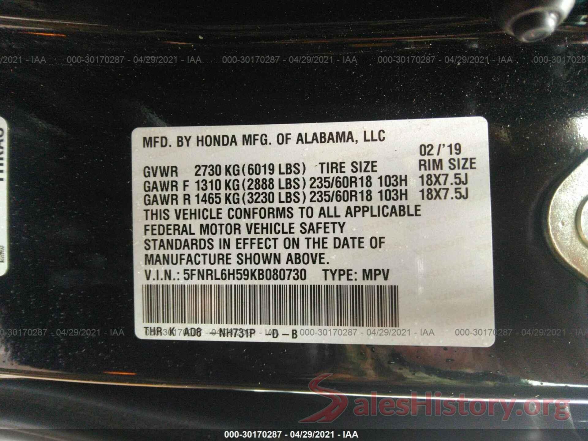 5FNRL6H59KB080730 2019 HONDA ODYSSEY