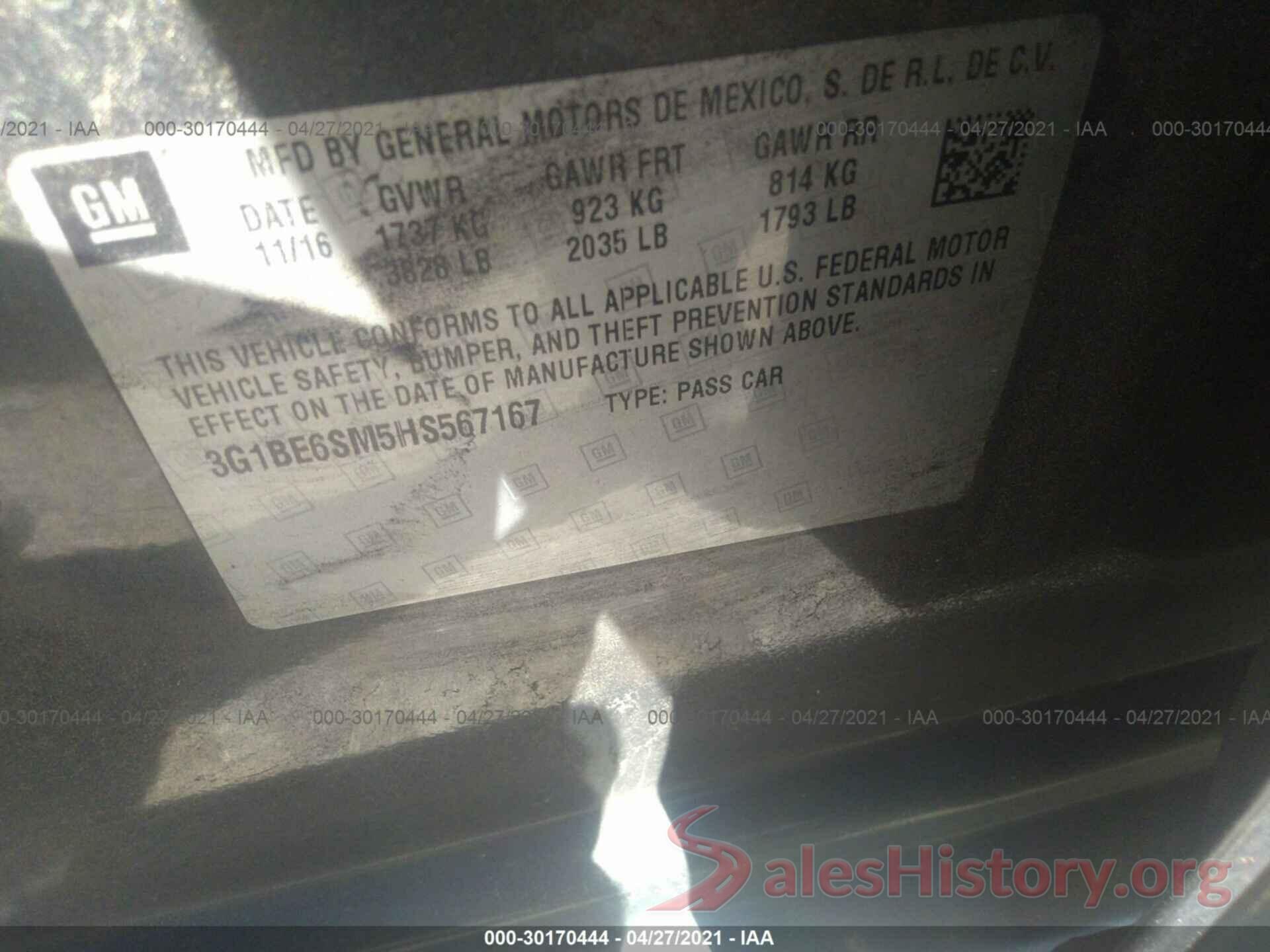 3G1BE6SM5HS567167 2017 CHEVROLET CRUZE