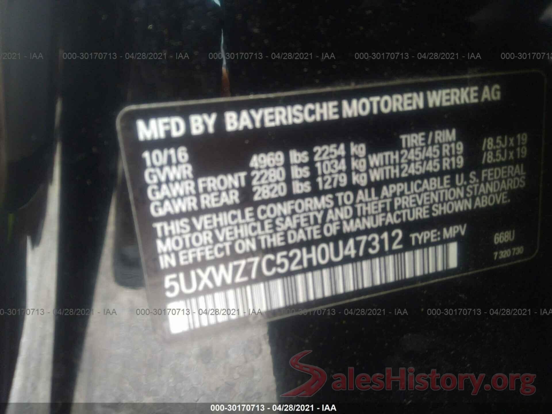 5UXWZ7C52H0U47312 2017 BMW X3