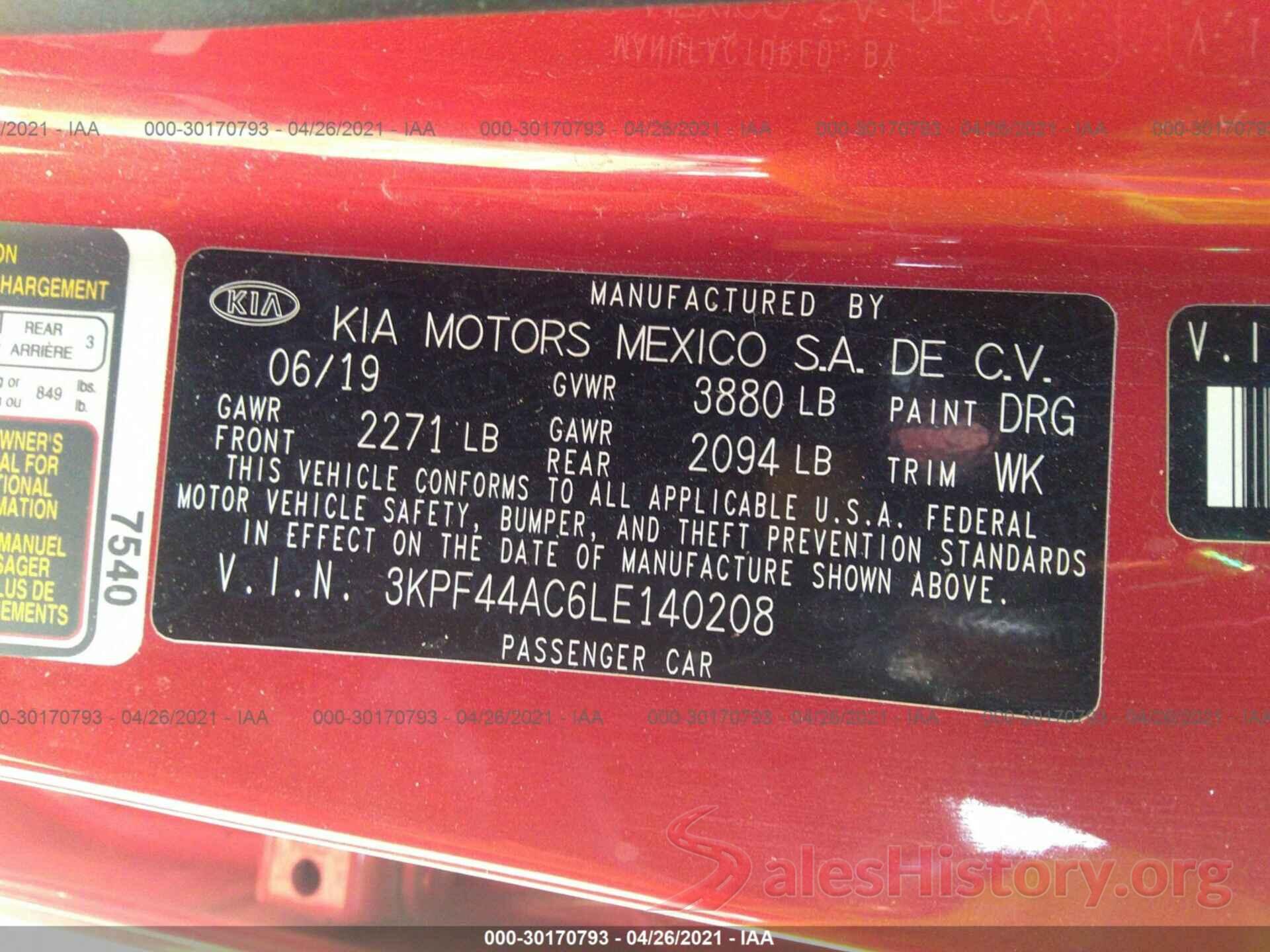 3KPF44AC6LE140208 2020 KIA FORTE