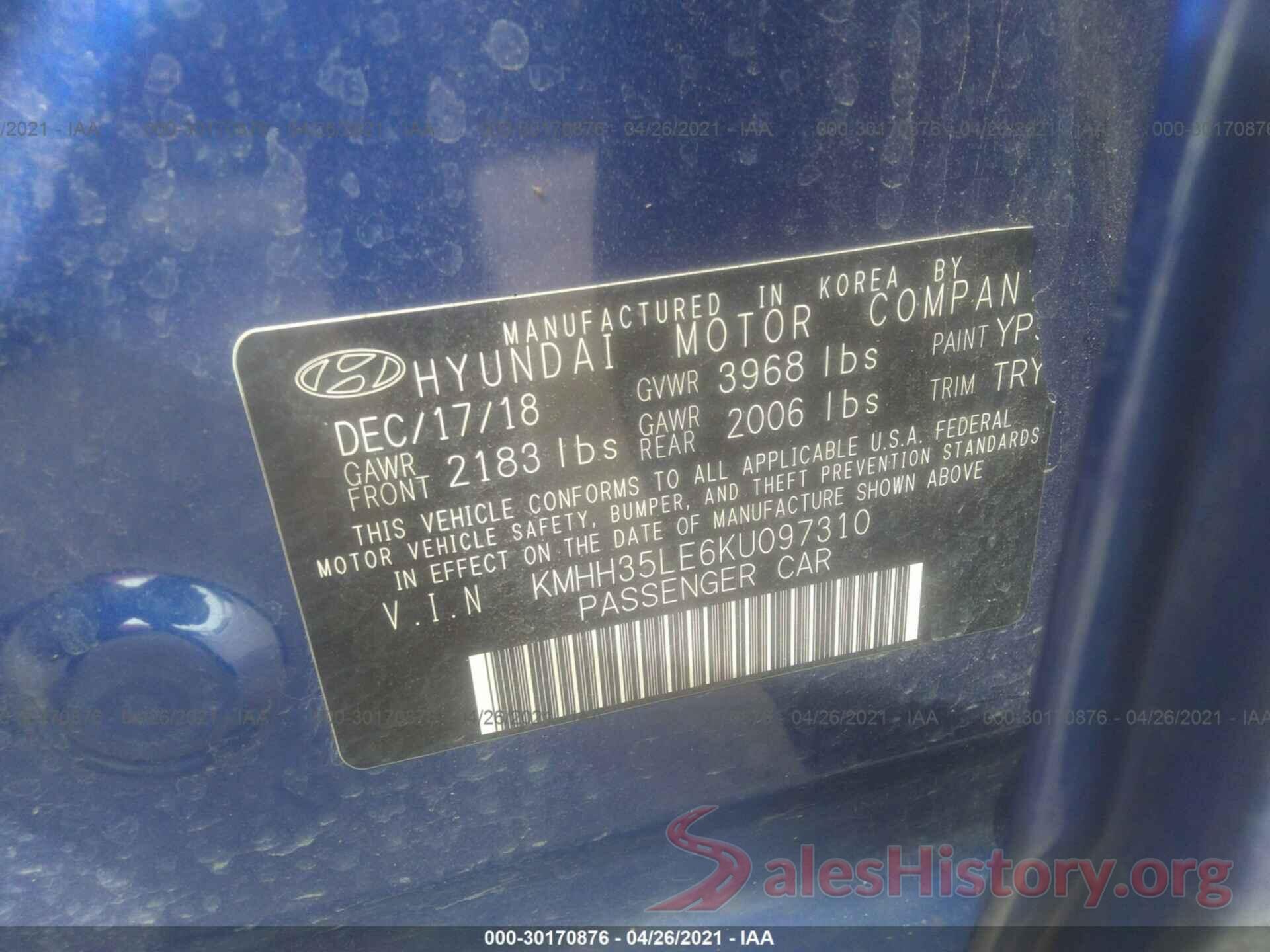 KMHH35LE6KU097310 2019 HYUNDAI ELANTRA GT