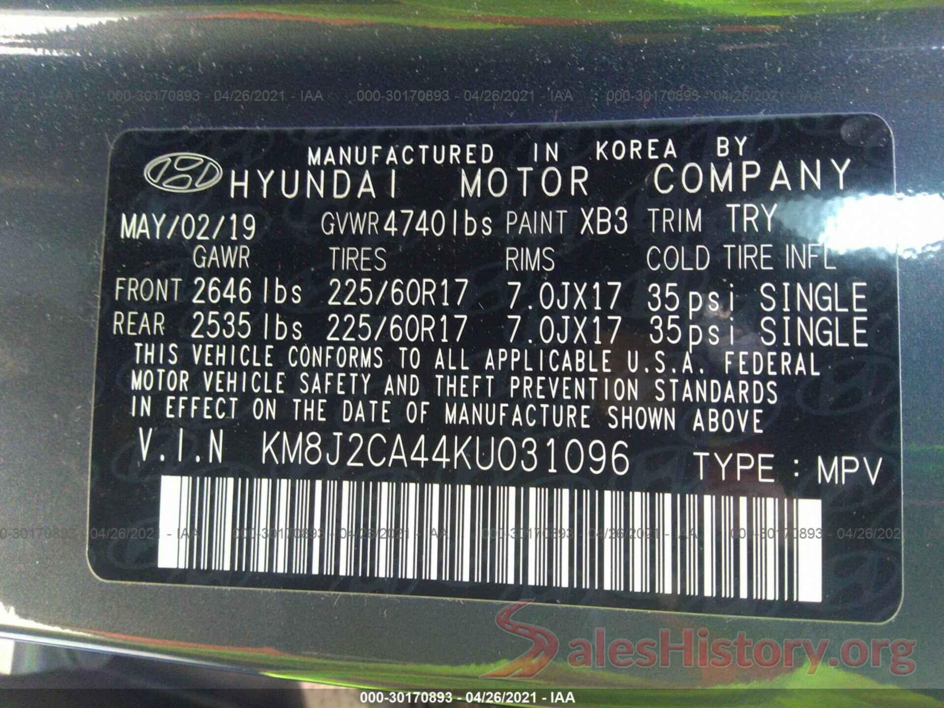 KM8J2CA44KU031096 2019 HYUNDAI TUCSON