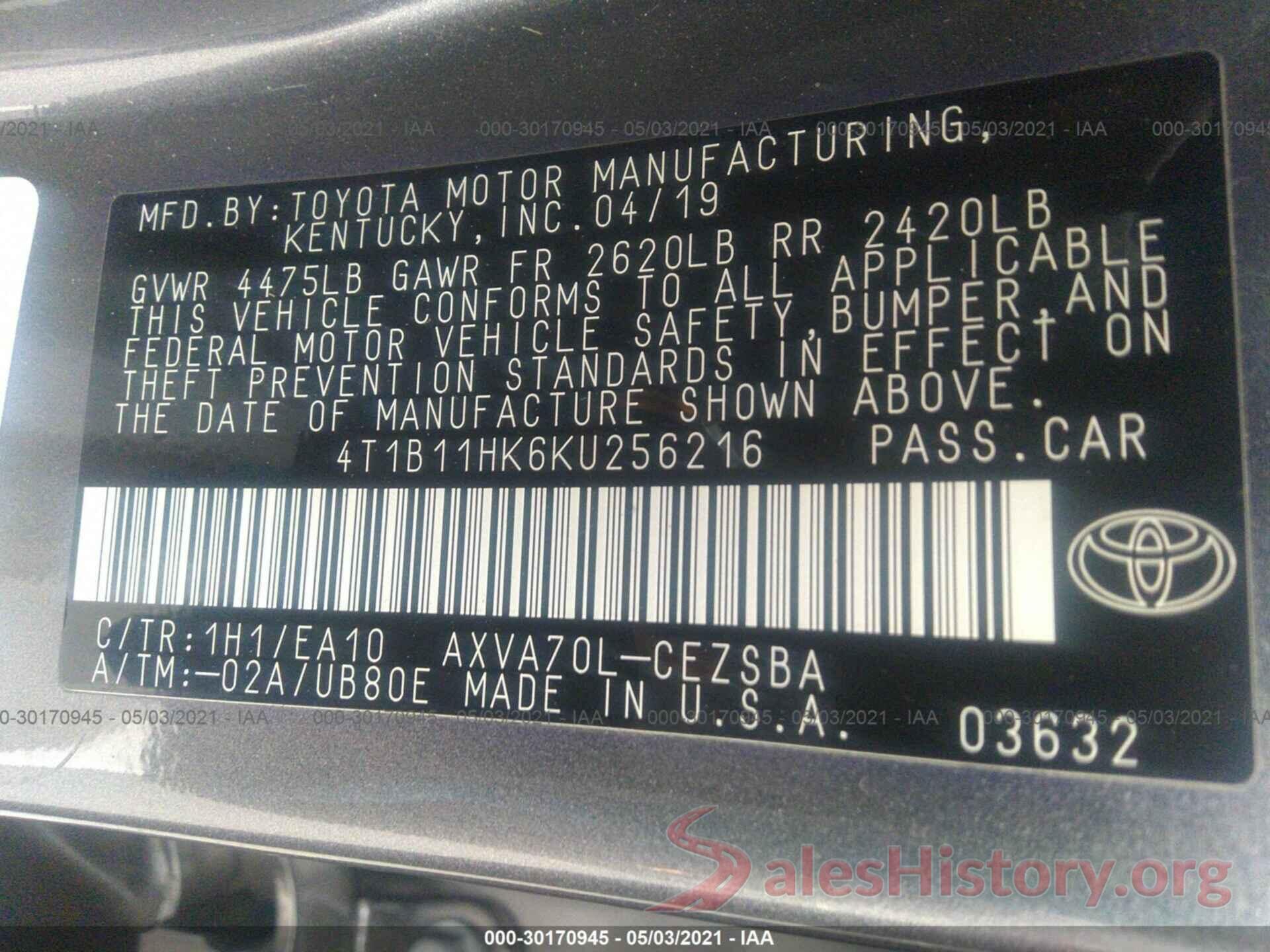 4T1B11HK6KU256216 2019 TOYOTA CAMRY