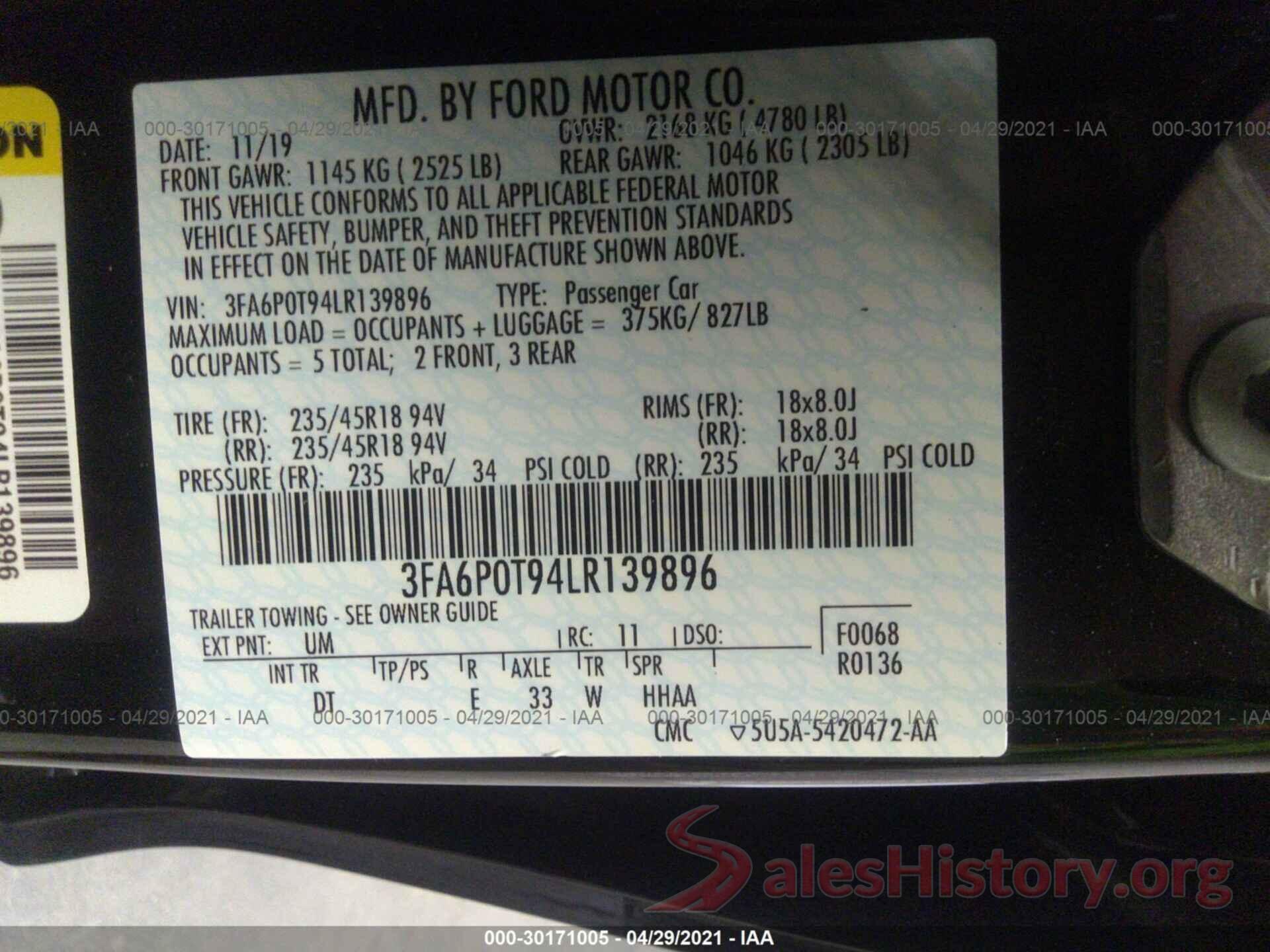 3FA6P0T94LR139896 2020 FORD FUSION