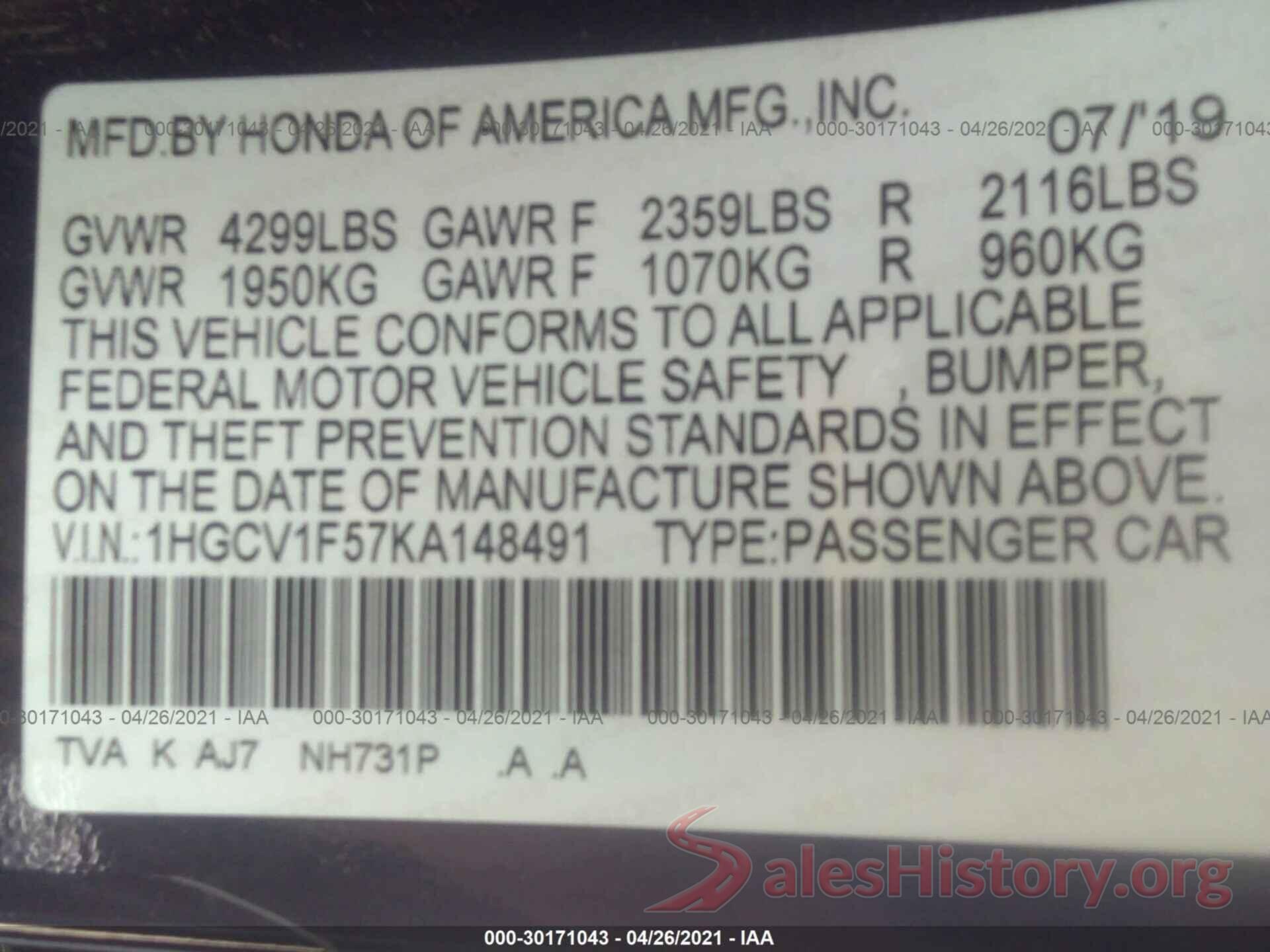 1HGCV1F57KA148491 2019 HONDA ACCORD SEDAN