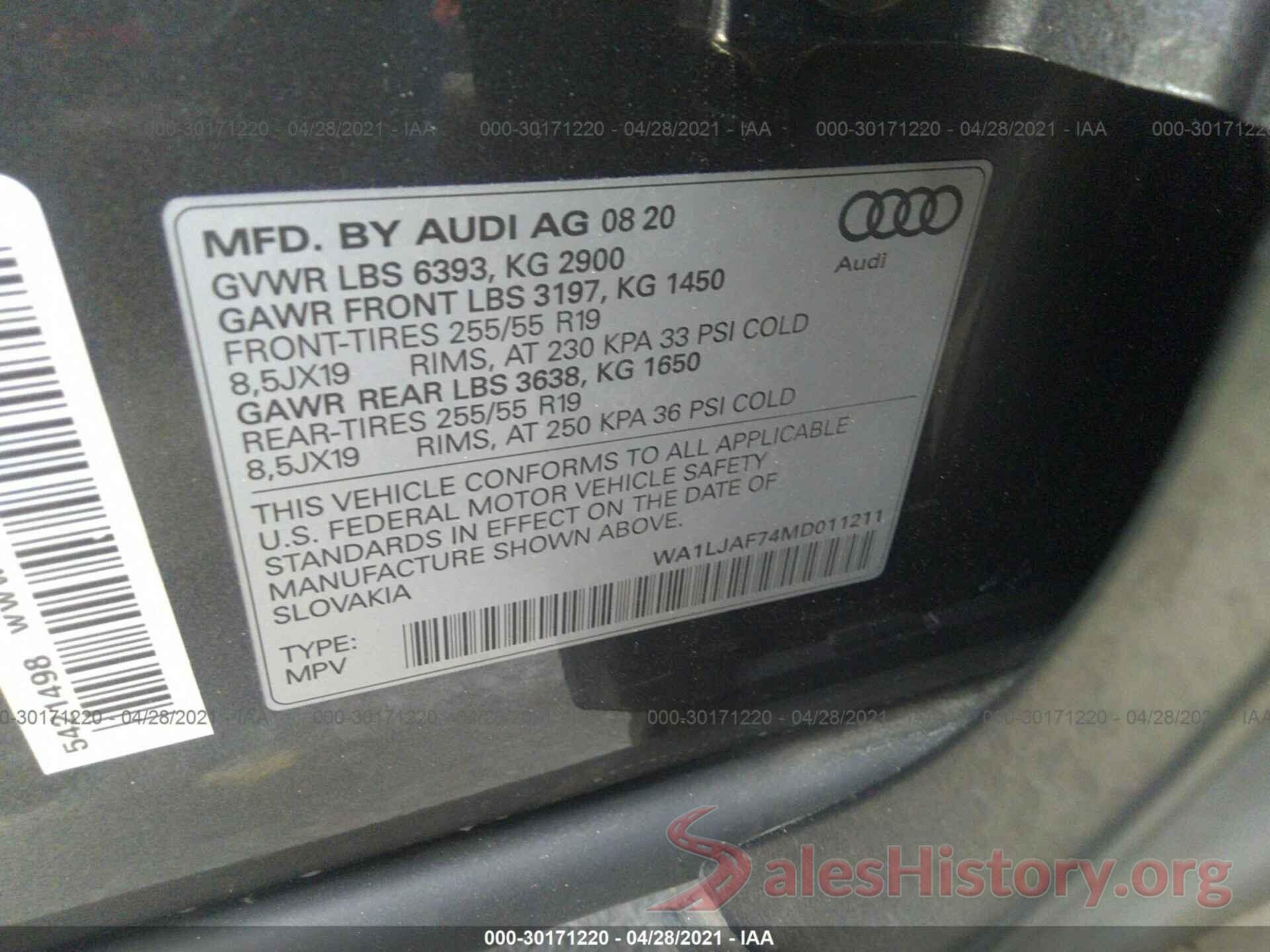 WA1LJAF74MD011211 2021 AUDI Q7