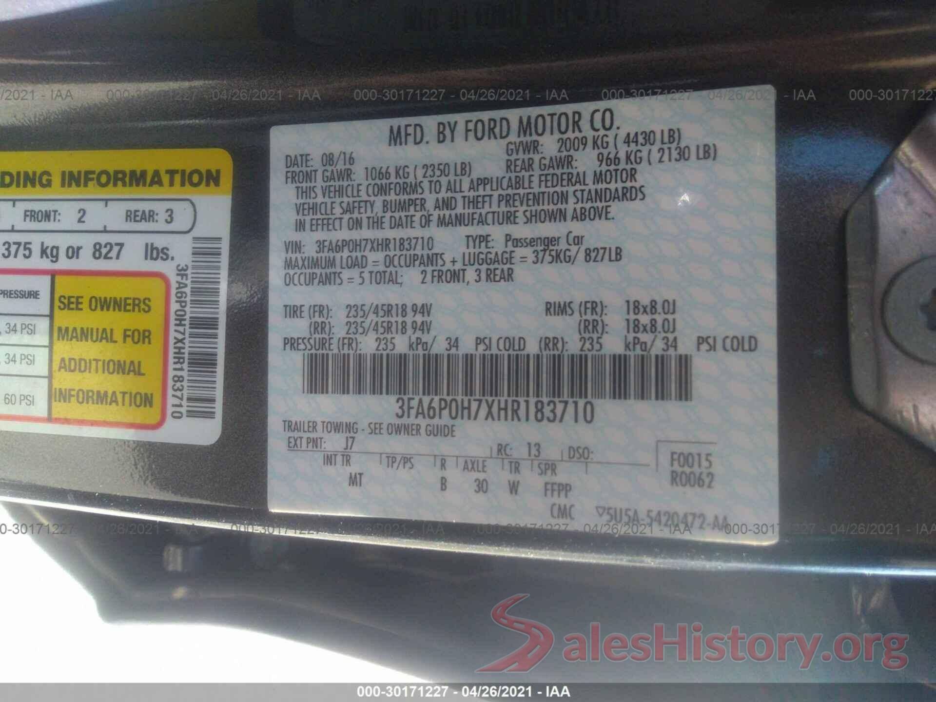 3FA6P0H7XHR183710 2017 FORD FUSION