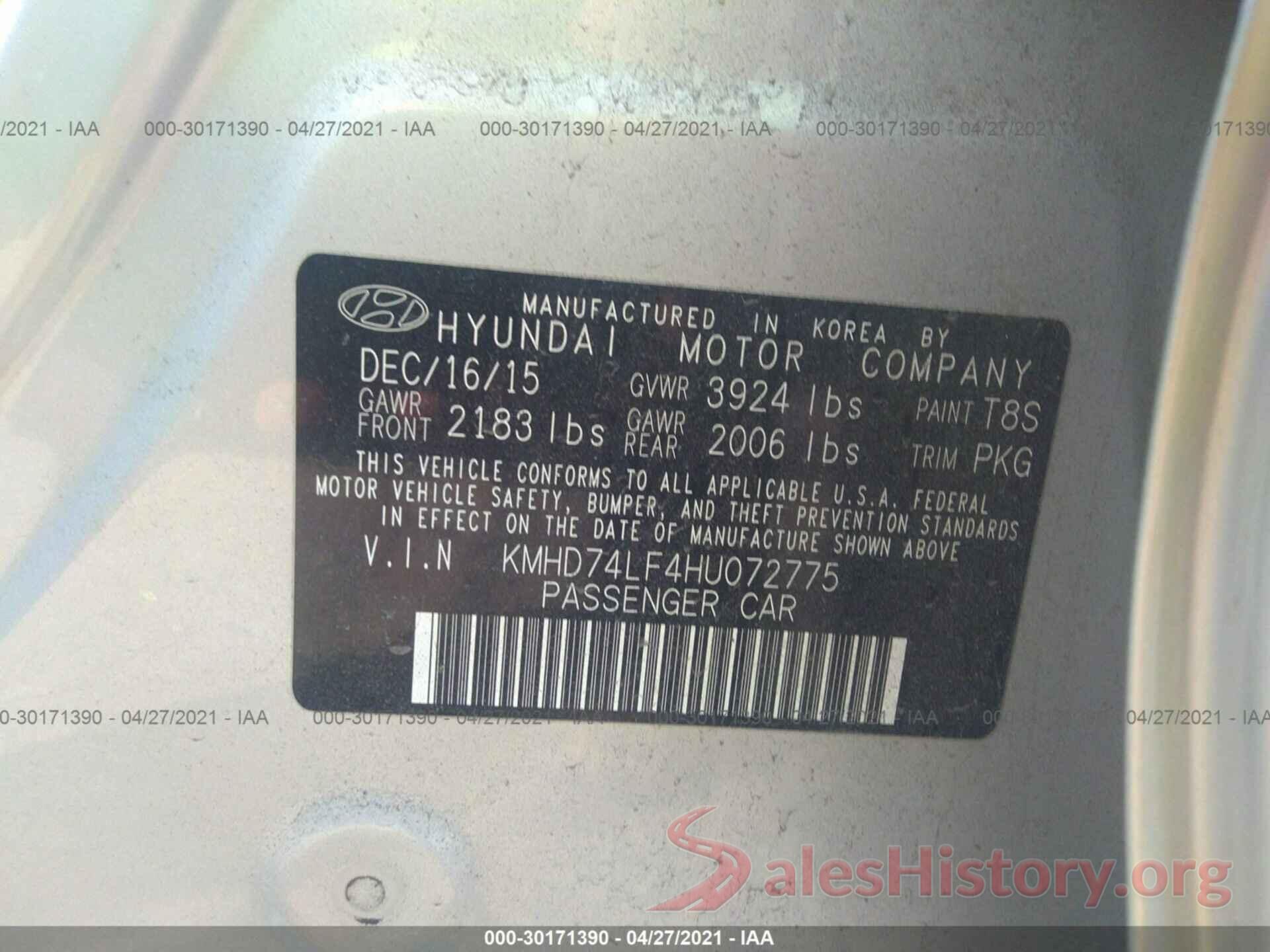 KMHD74LF4HU072775 2017 HYUNDAI ELANTRA