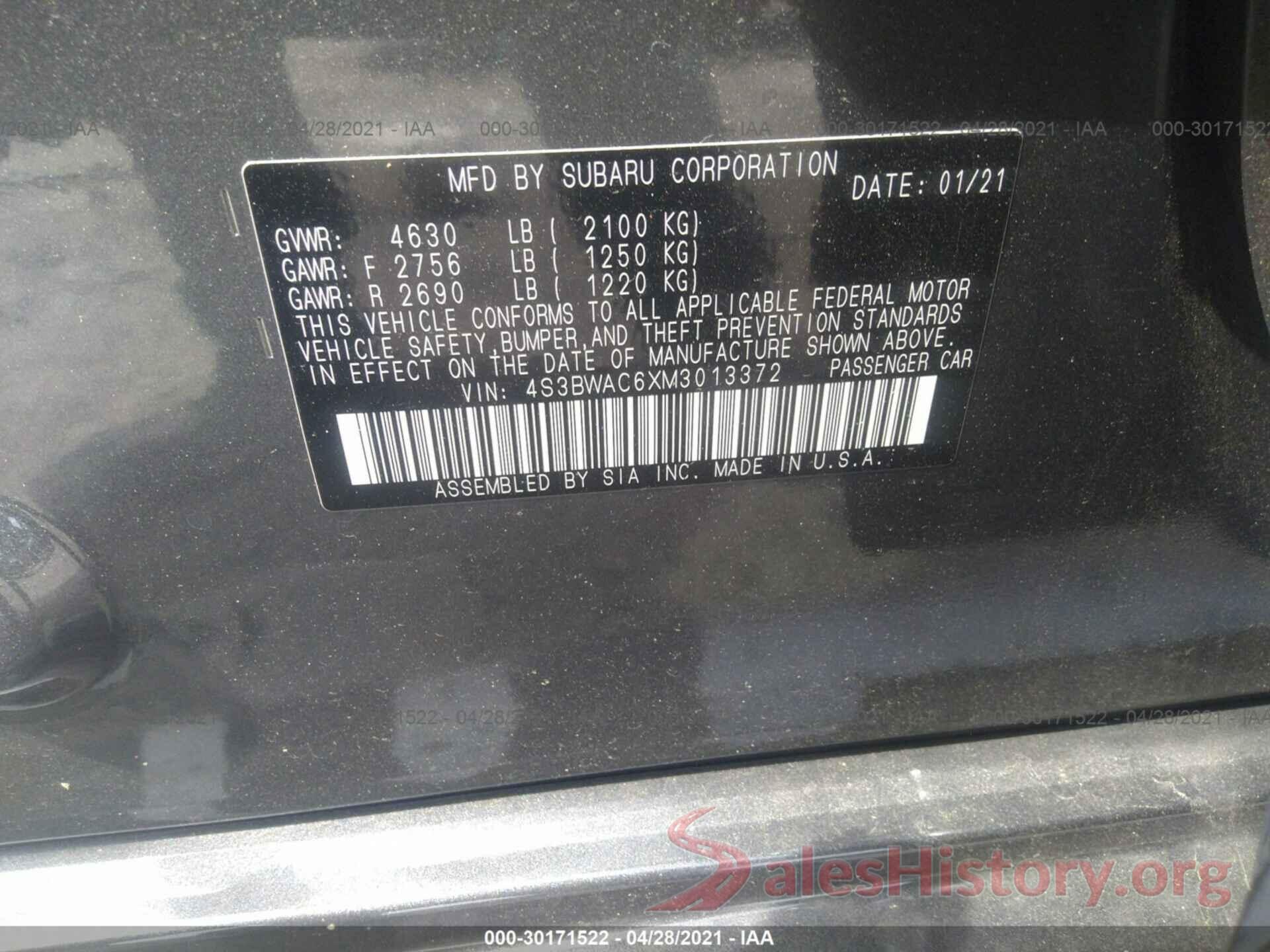 4S3BWAC6XM3013372 2021 SUBARU LEGACY