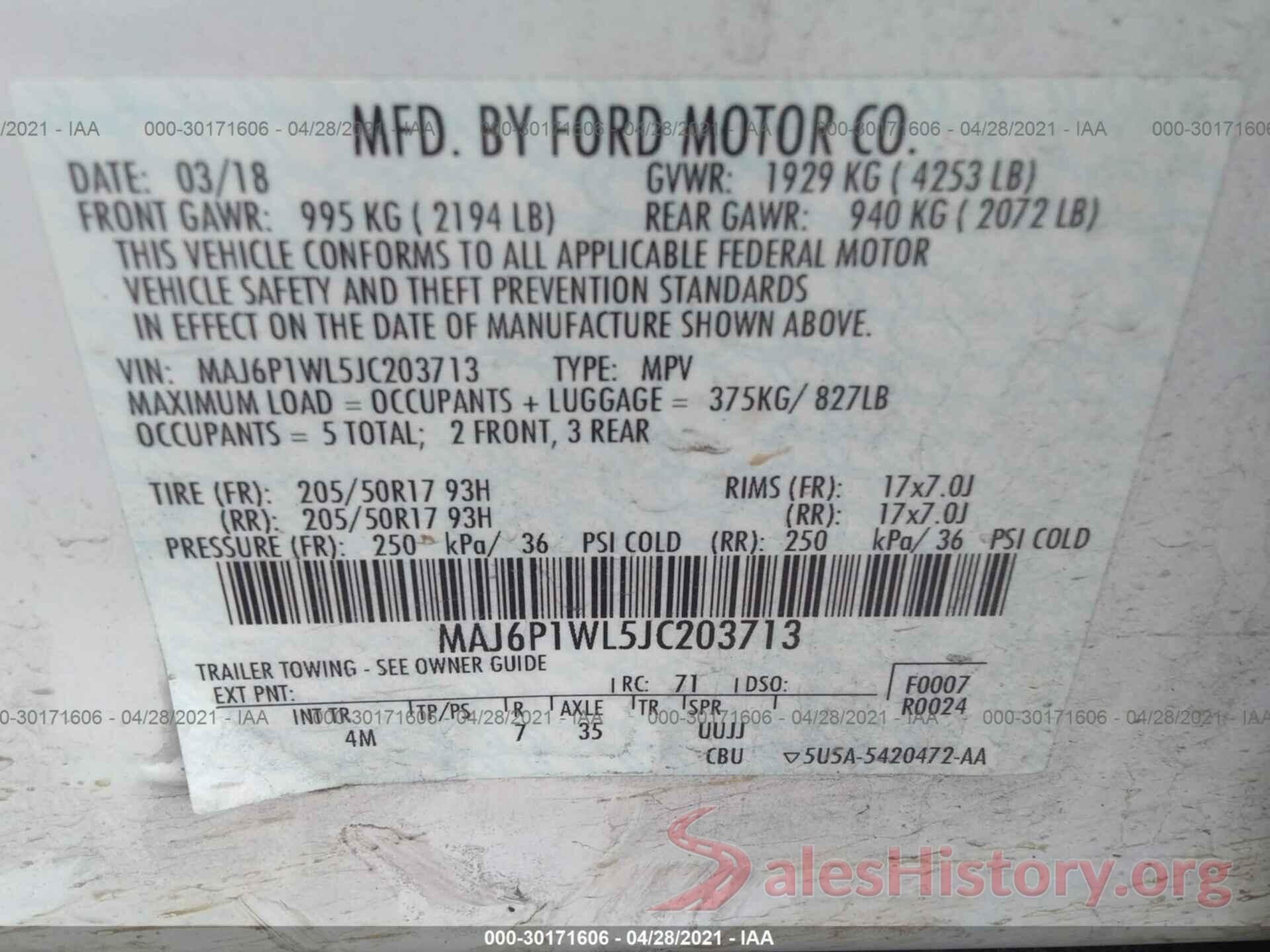 MAJ6P1WL5JC203713 2018 FORD ECOSPORT