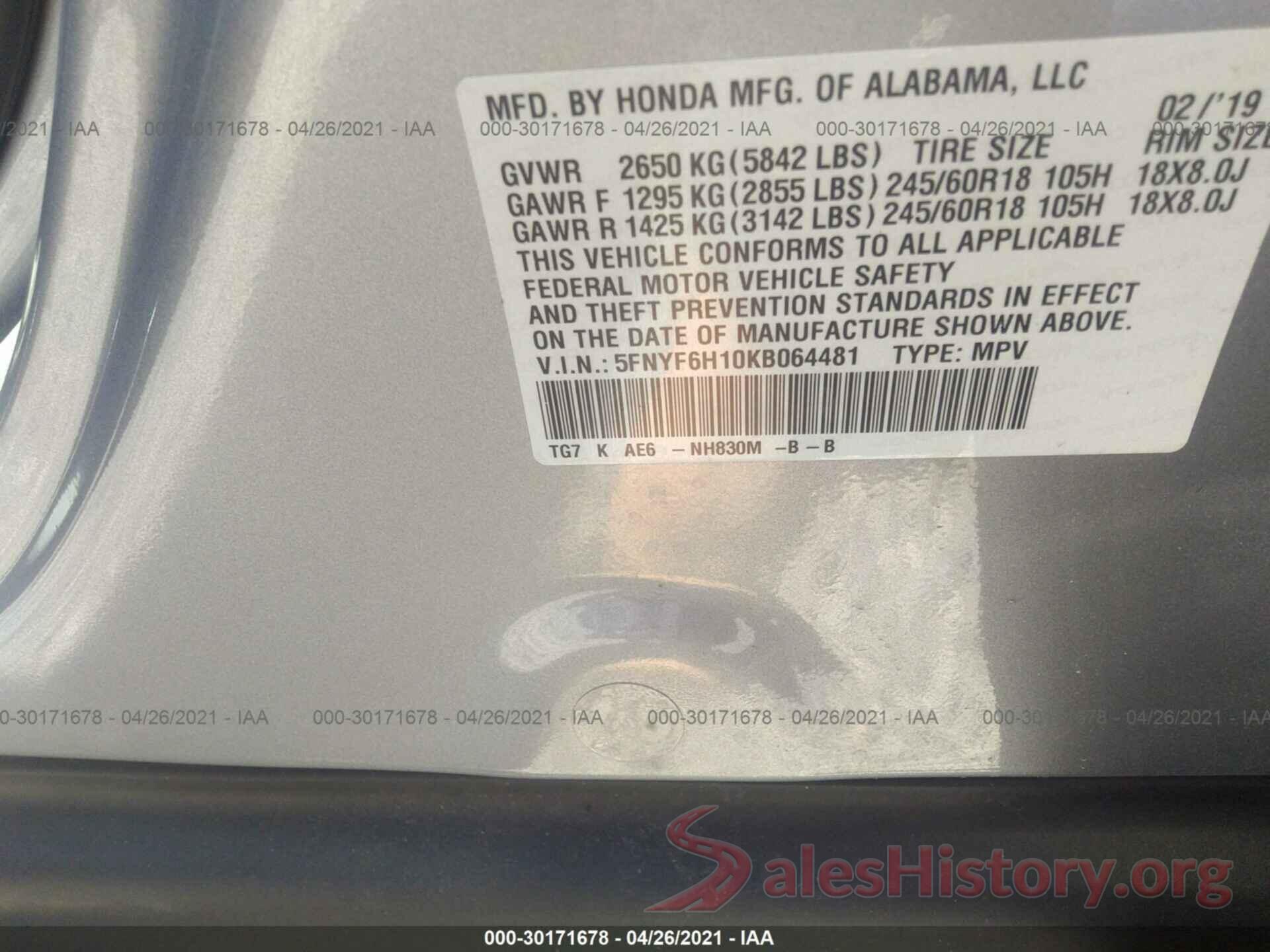 5FNYF6H10KB064481 2019 HONDA PILOT