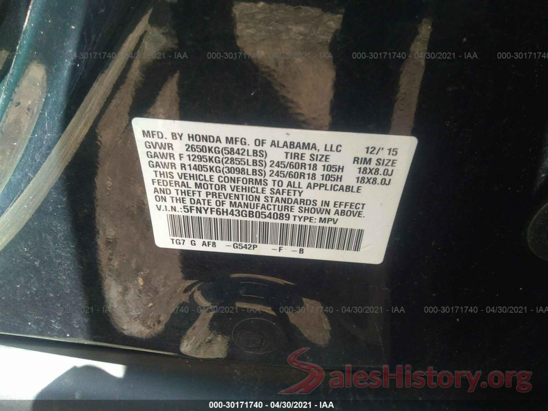 5FNYF6H43GB054089 2016 HONDA PILOT