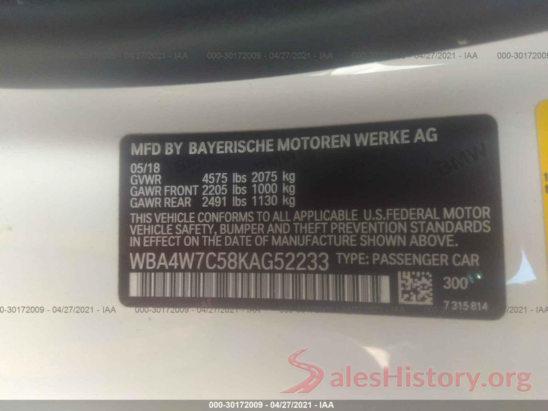 WBA4W7C58KAG52233 2019 BMW 4 SERIES