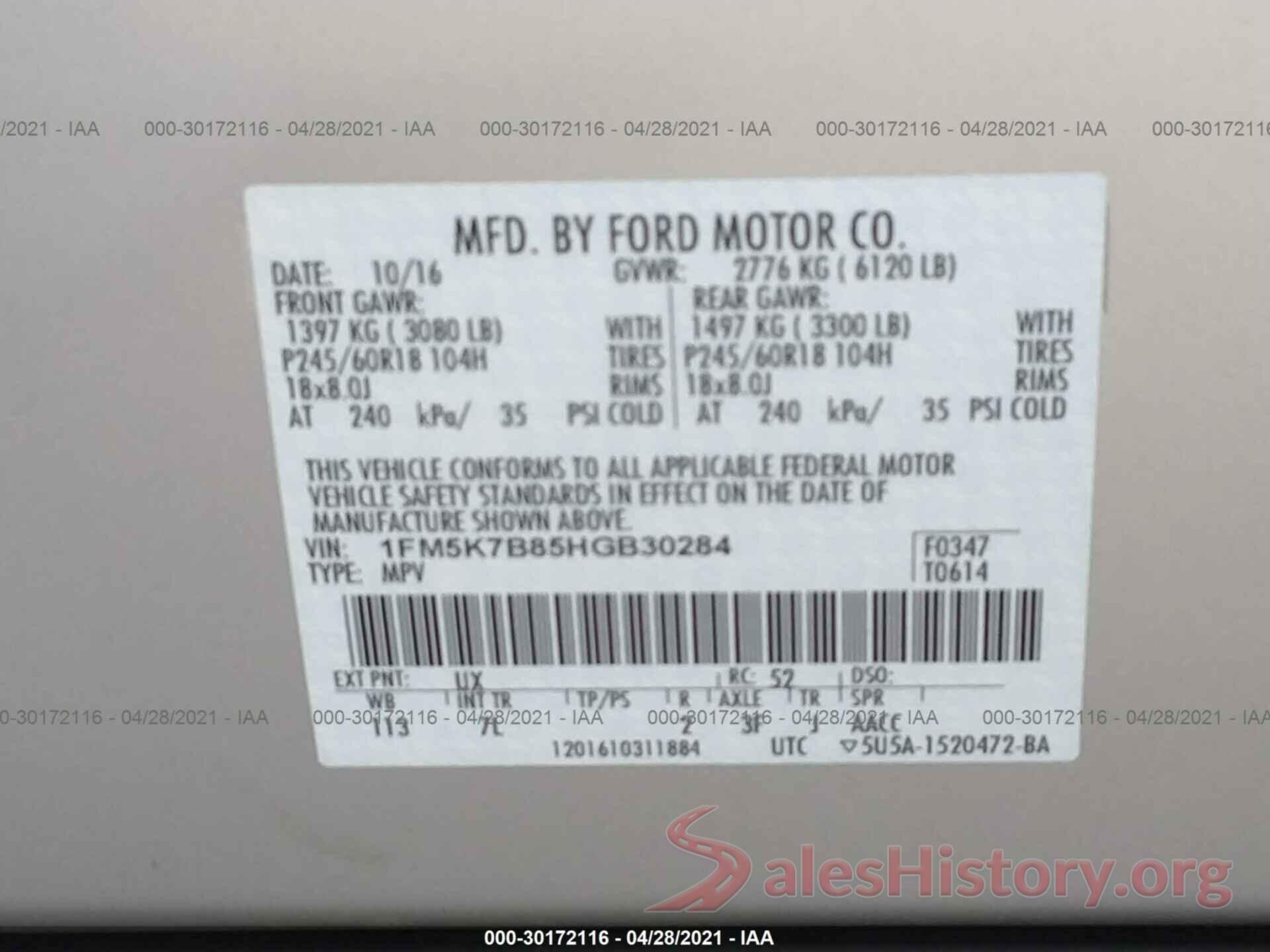 1FM5K7B85HGB30284 2017 FORD EXPLORER