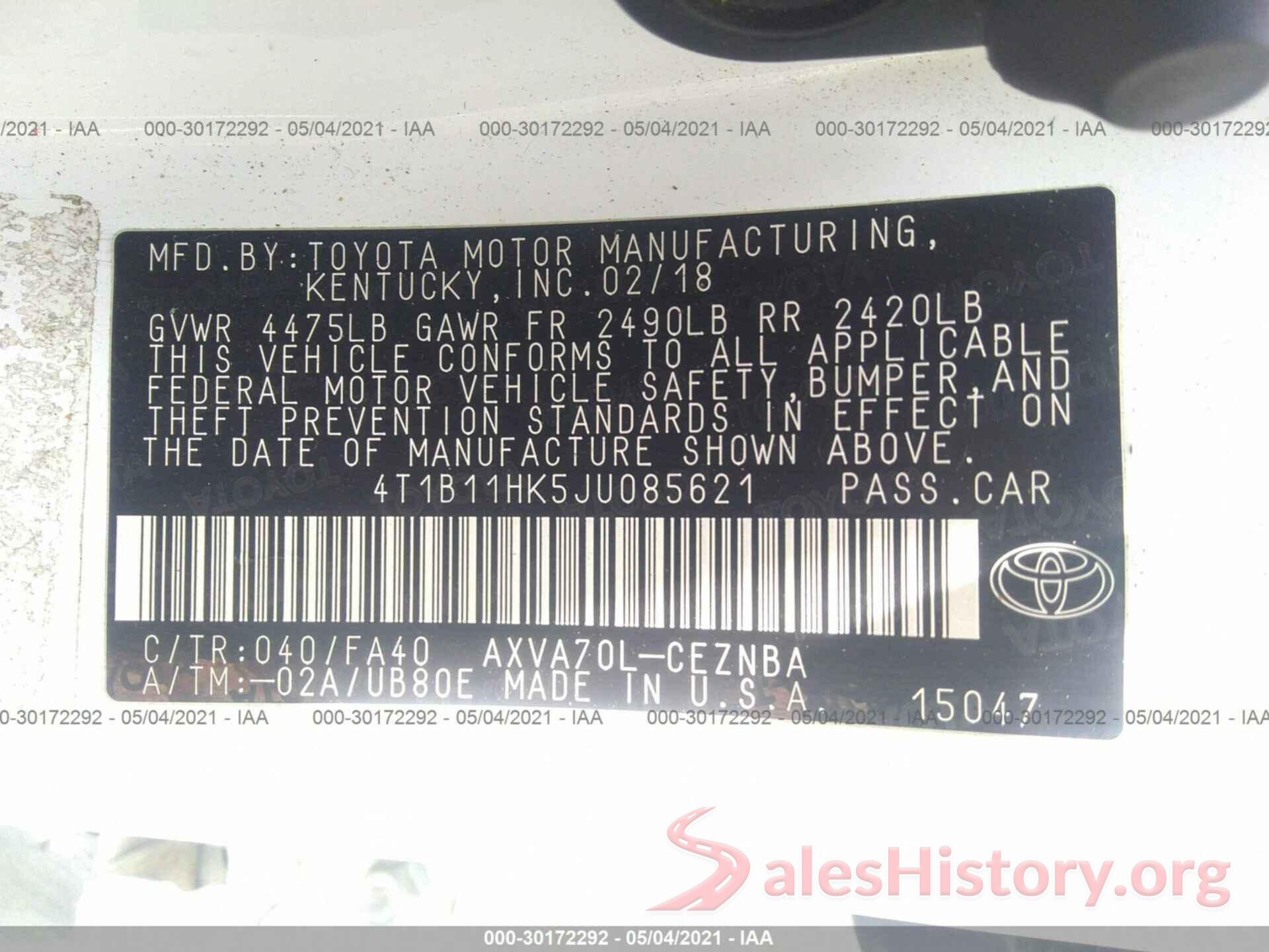 4T1B11HK5JU085621 2018 TOYOTA CAMRY