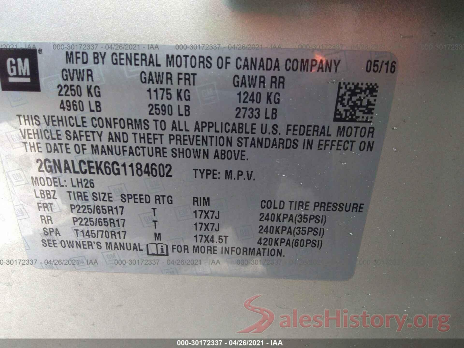 2GNALCEK6G1184602 2016 CHEVROLET EQUINOX