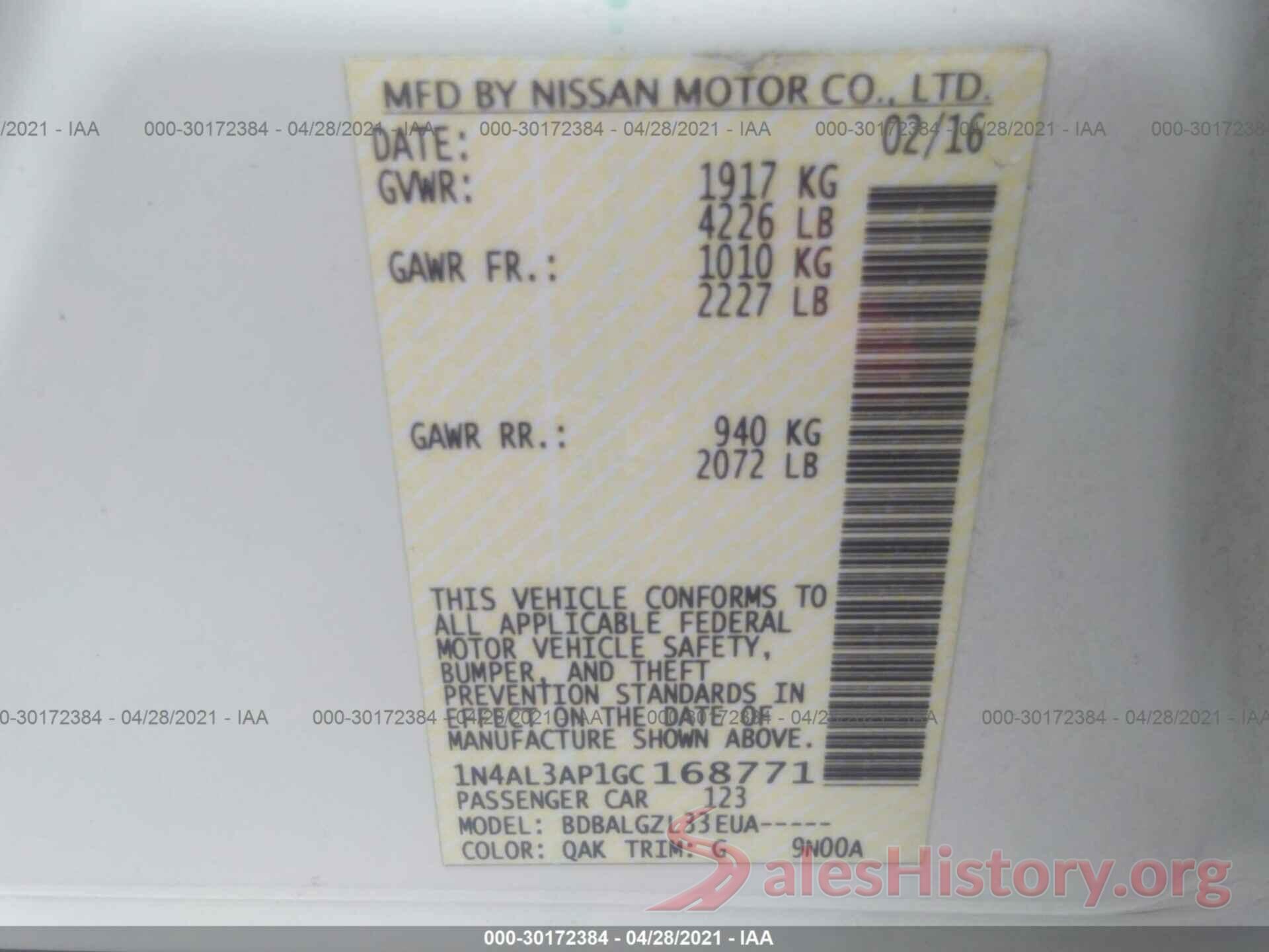 1N4AL3AP1GC168771 2016 NISSAN ALTIMA