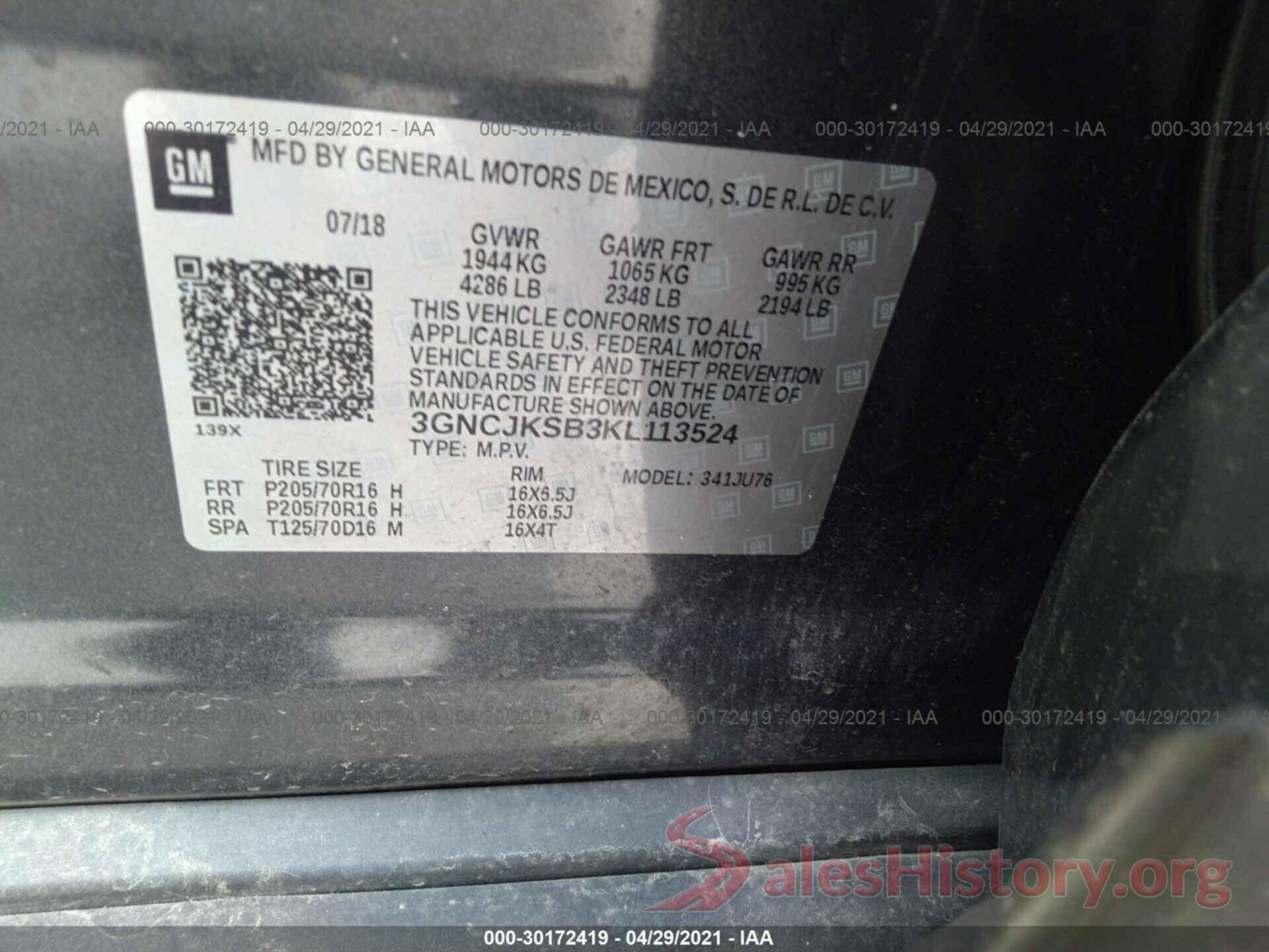 3GNCJKSB3KL113524 2019 CHEVROLET TRAX