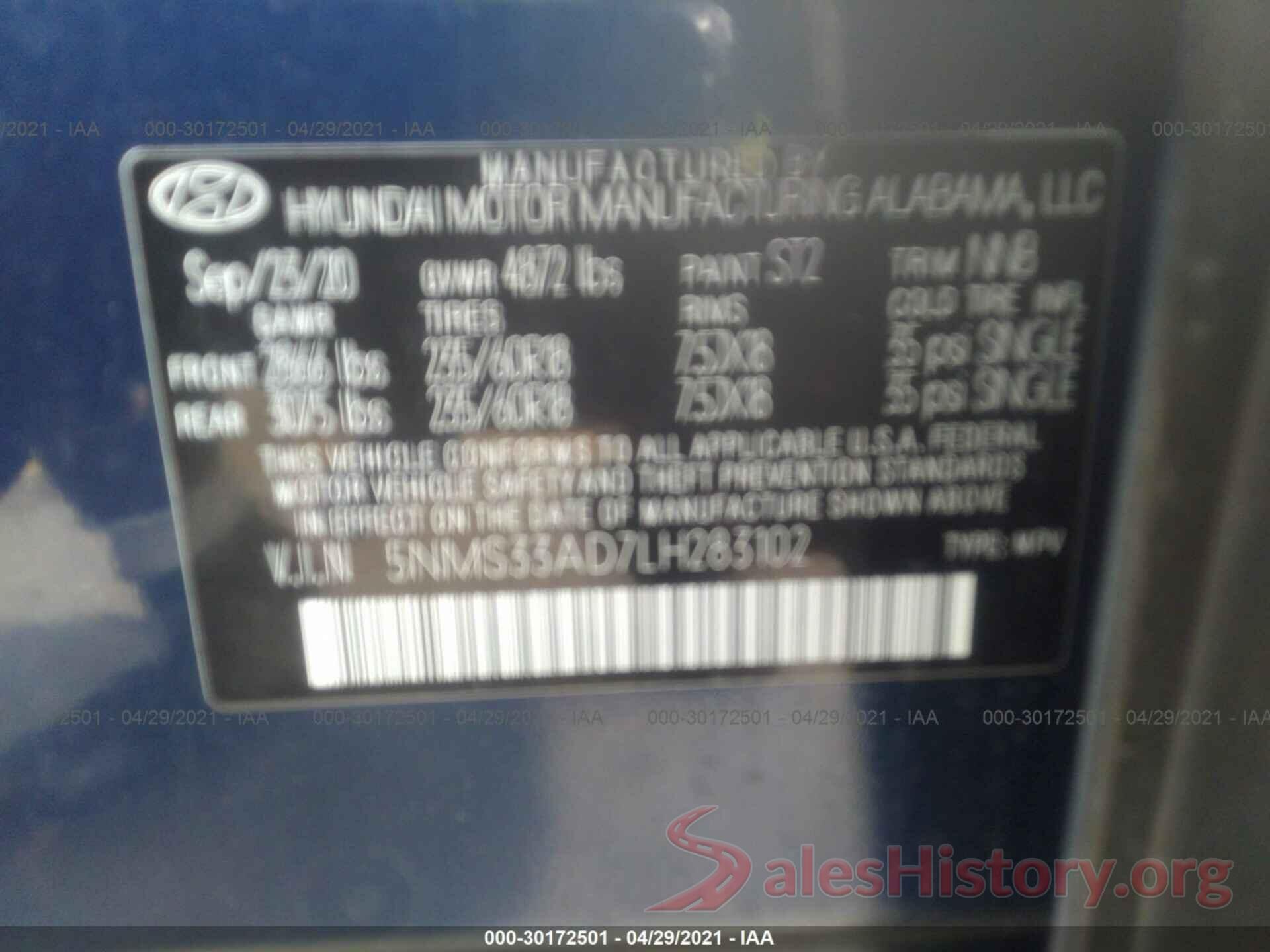 5NMS33AD7LH283102 2020 HYUNDAI SANTA FE