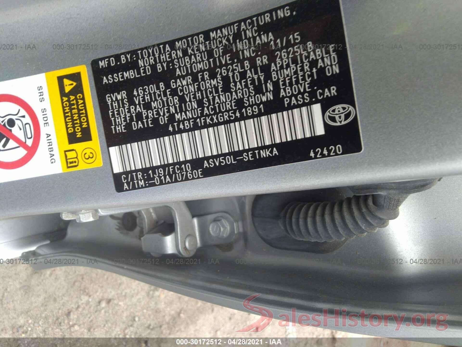 4T4BF1FKXGR541891 2016 TOYOTA CAMRY