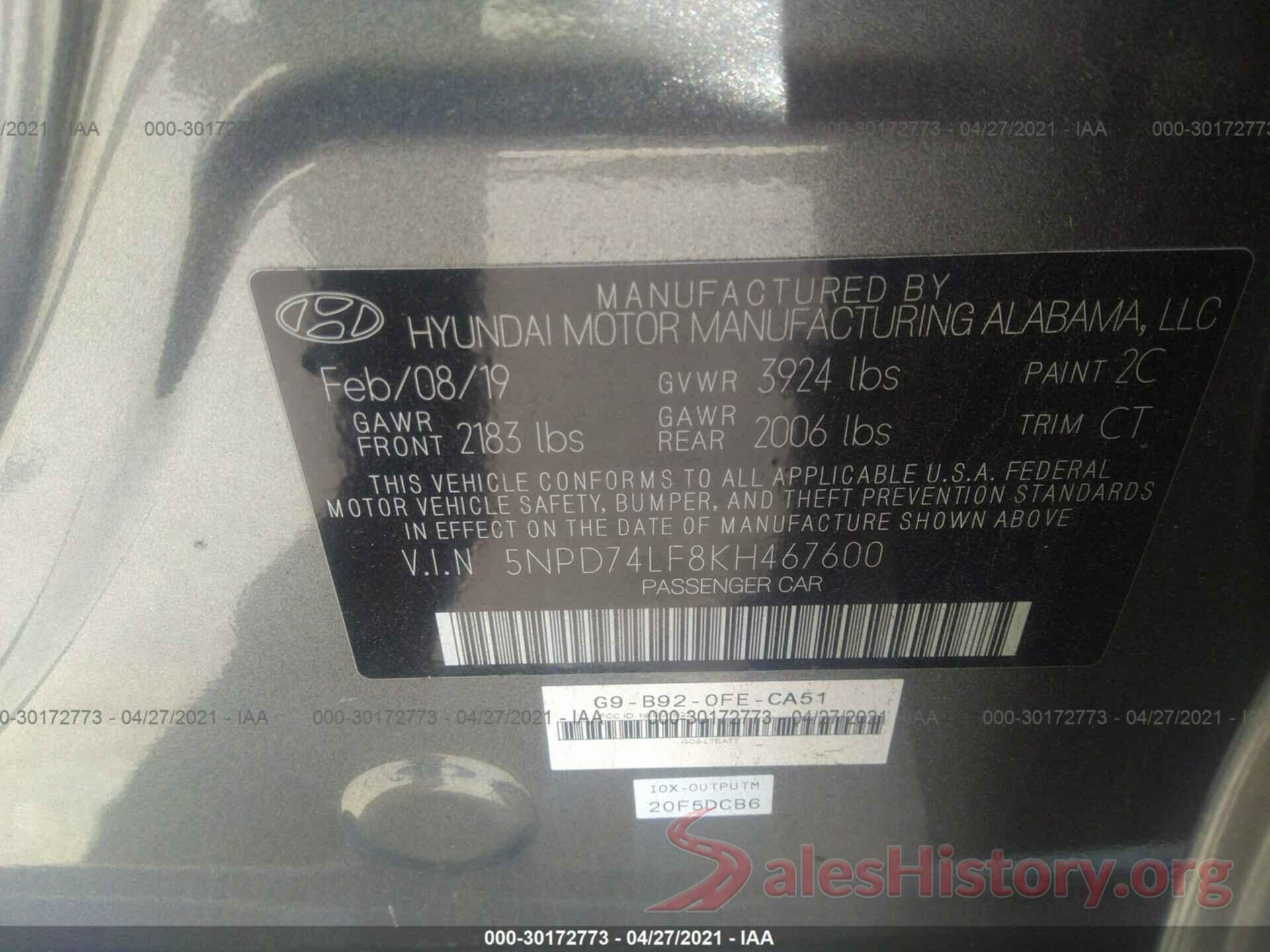 5NPD74LF8KH467600 2019 HYUNDAI ELANTRA