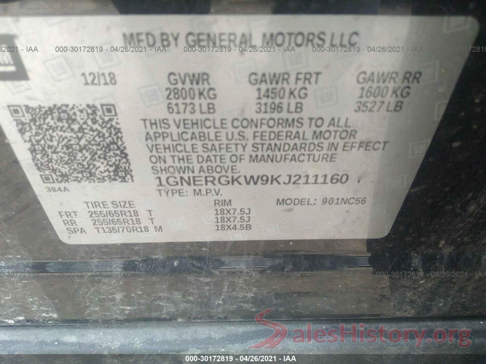 1GNERGKW9KJ211160 2019 CHEVROLET TRAVERSE