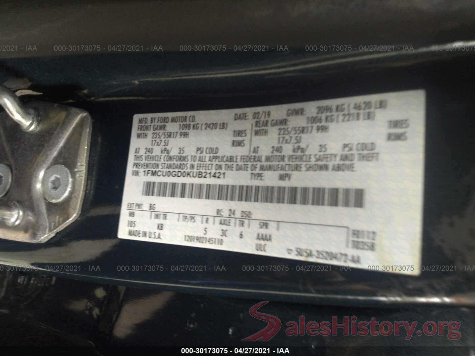 1FMCU0GD0KUB21421 2019 FORD ESCAPE