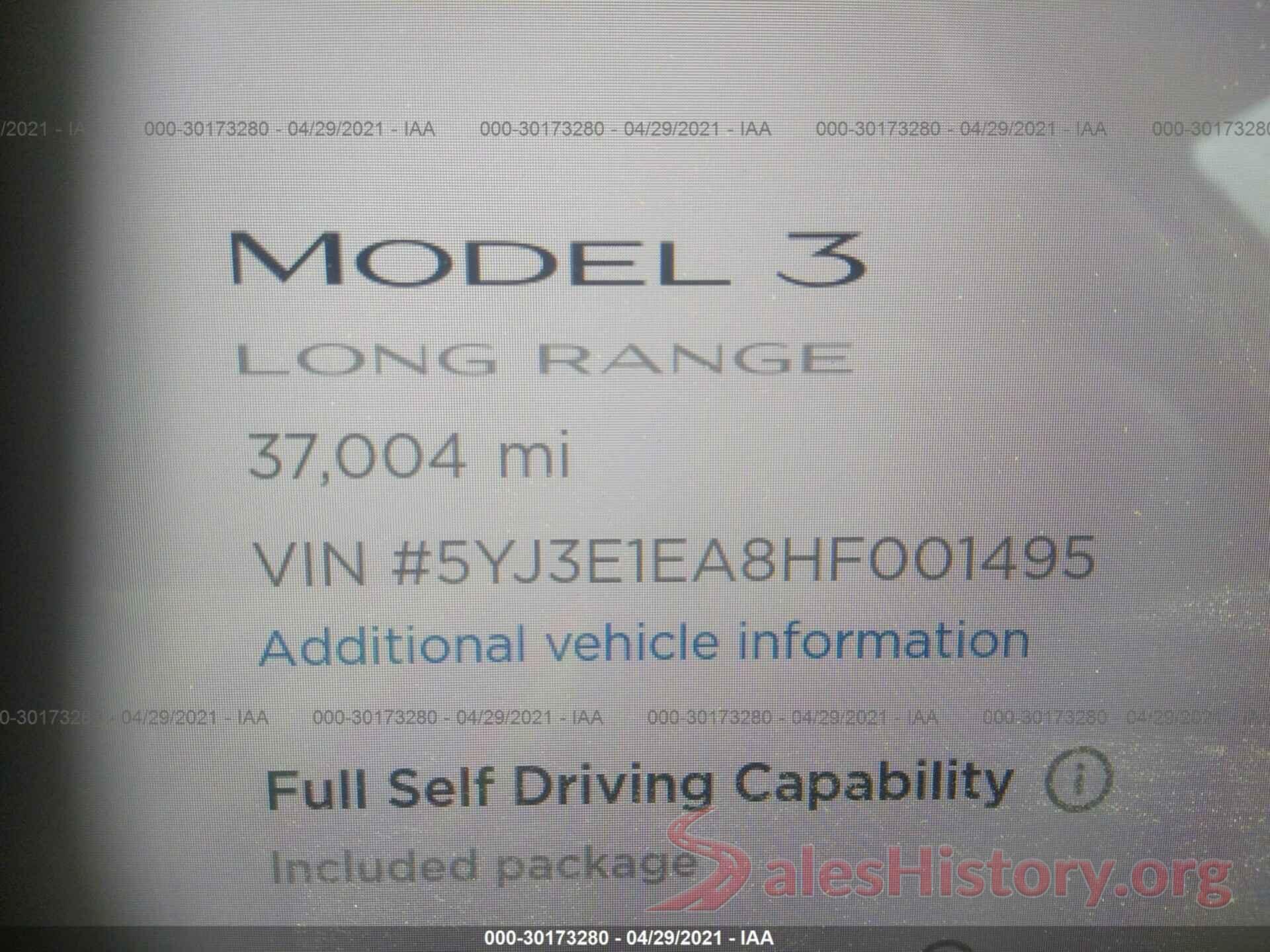 5YJ3E1EA8HF001495 2017 TESLA MODEL 3