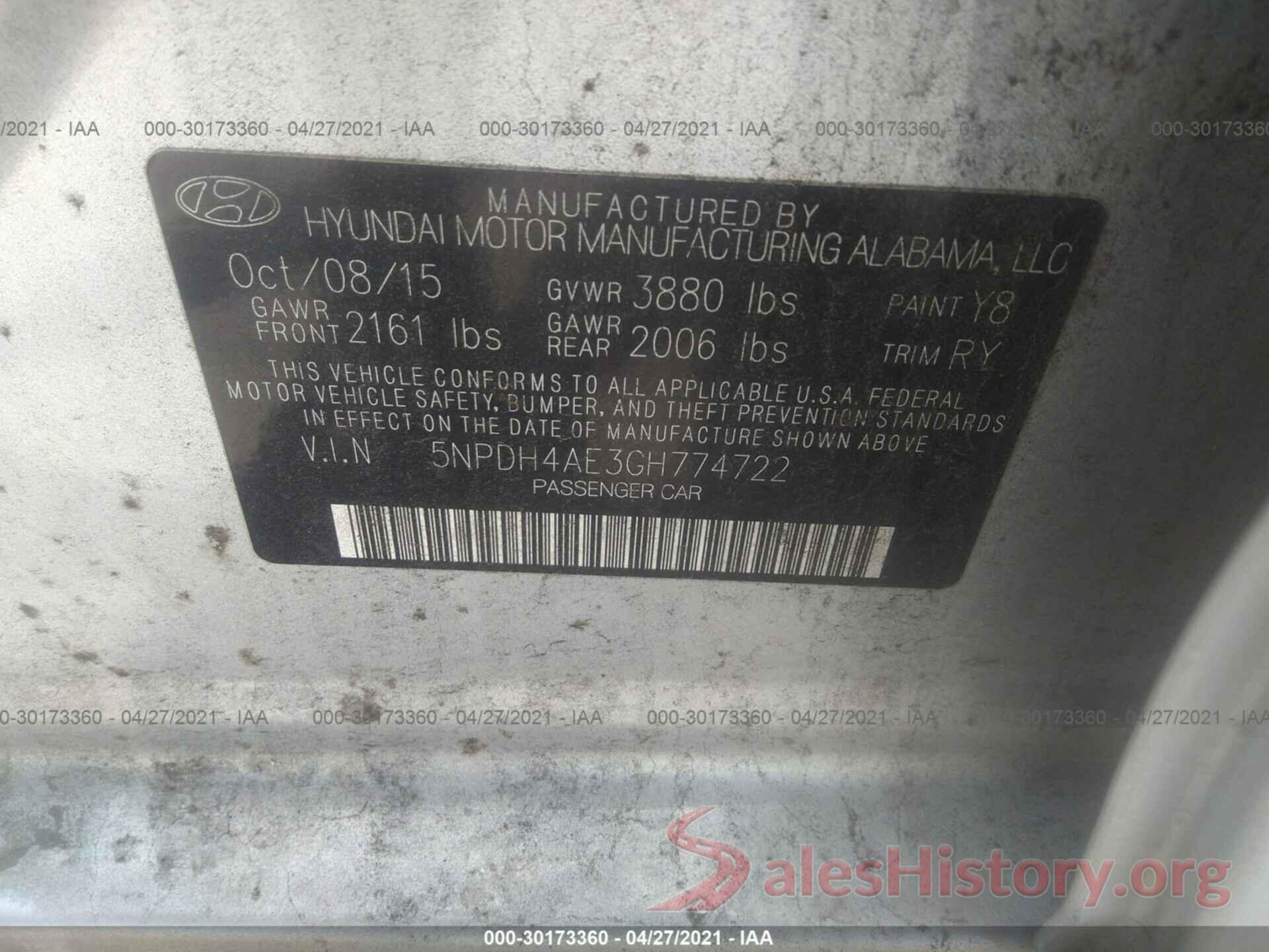 5NPDH4AE3GH774722 2016 HYUNDAI ELANTRA