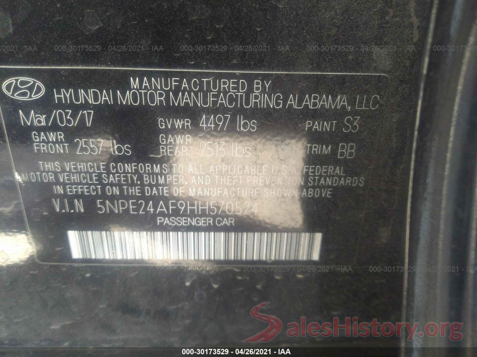 5NPE24AF9HH570524 2017 HYUNDAI SONATA