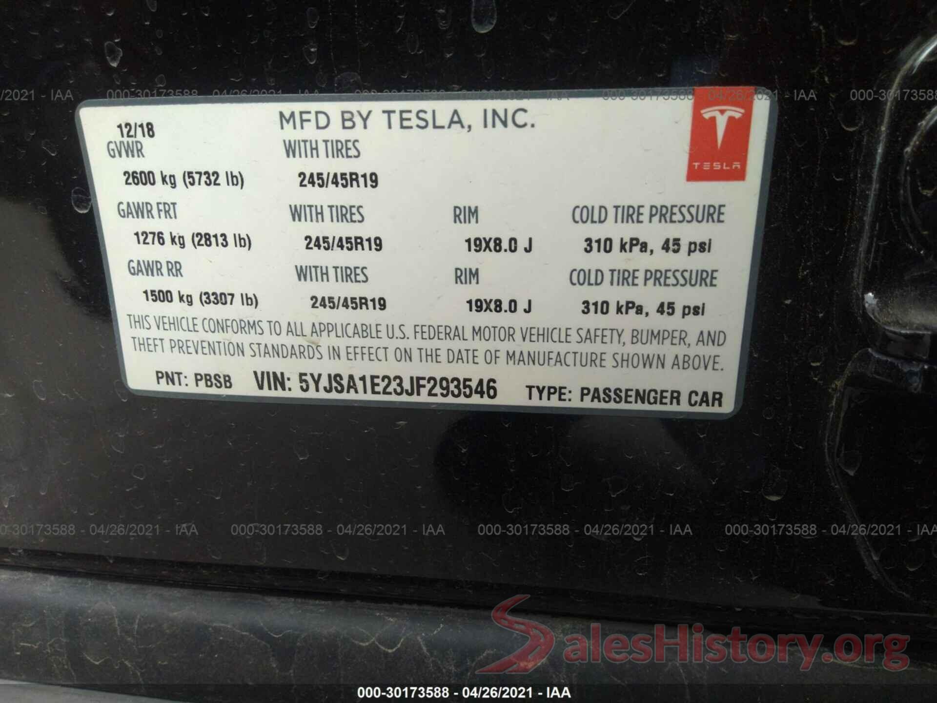 5YJSA1E23JF293546 2018 TESLA MODEL S