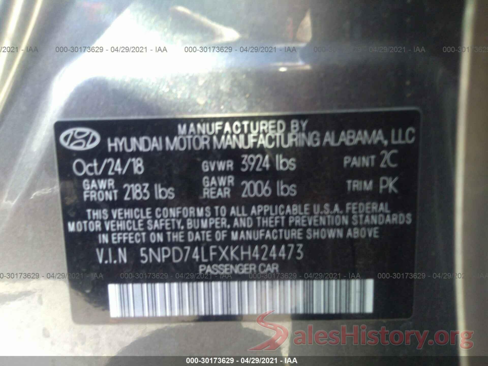 5NPD74LFXKH424473 2019 HYUNDAI ELANTRA