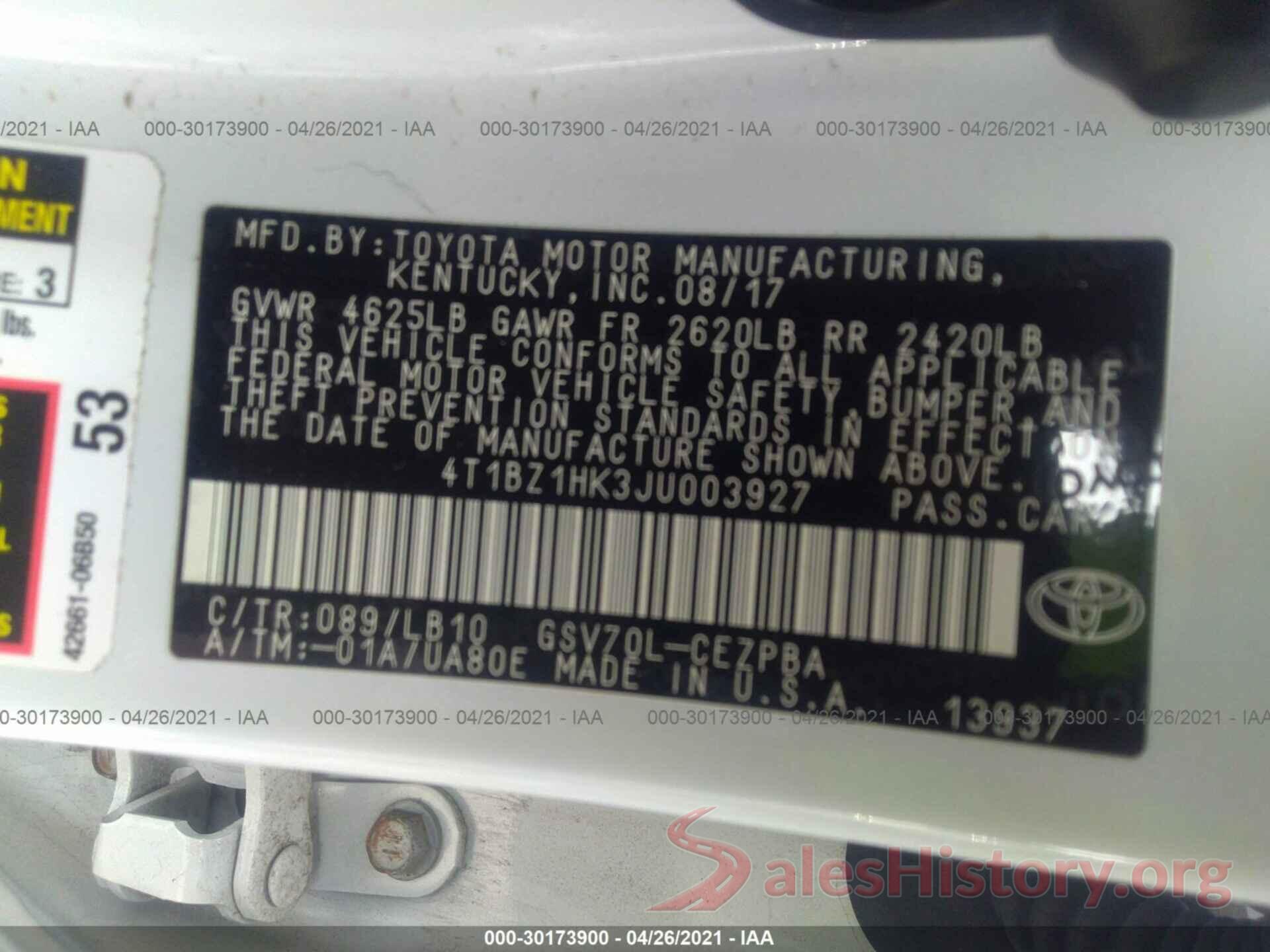 4T1BZ1HK3JU003927 2018 TOYOTA CAMRY