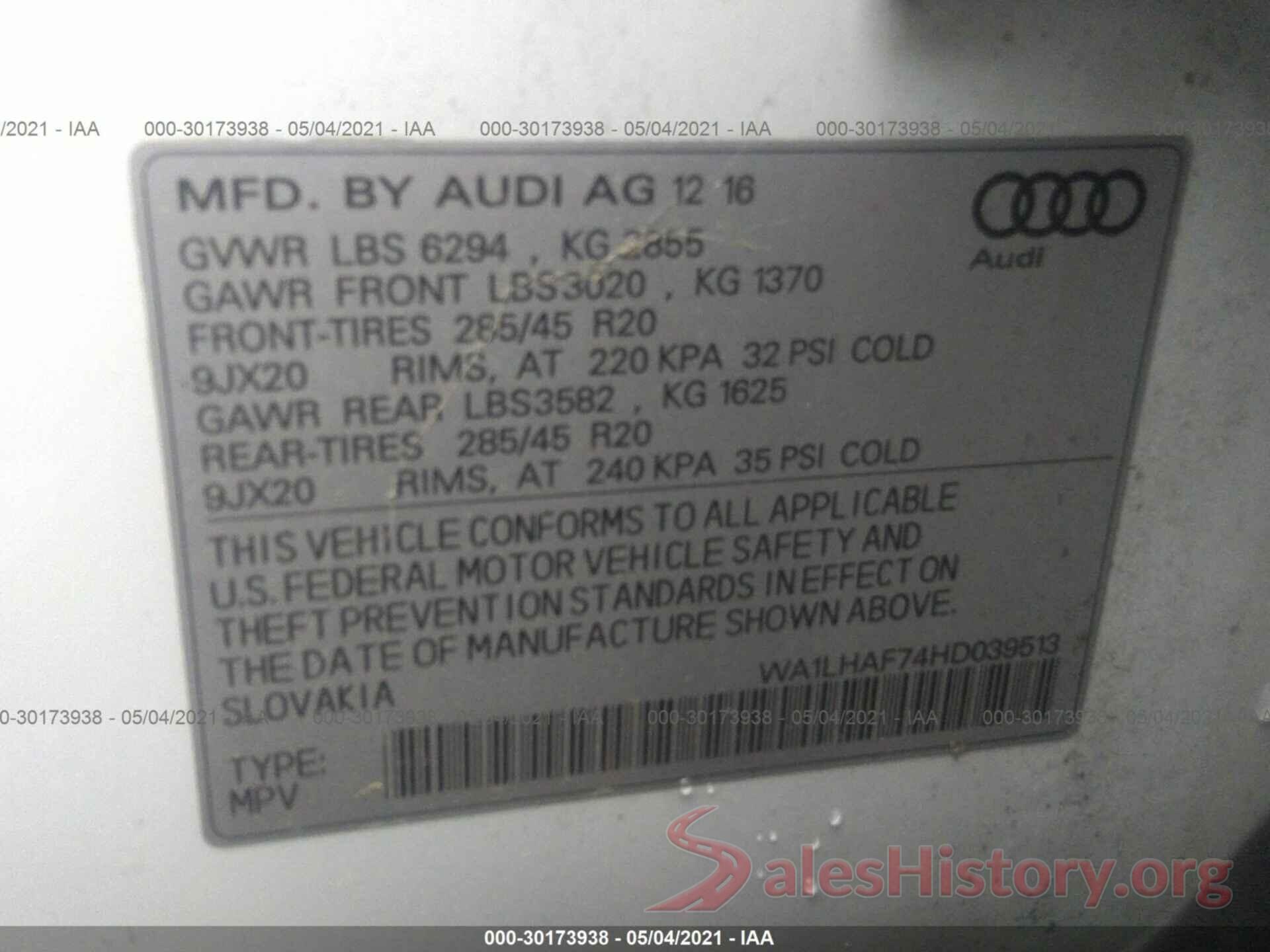 WA1LHAF74HD039513 2017 AUDI Q7