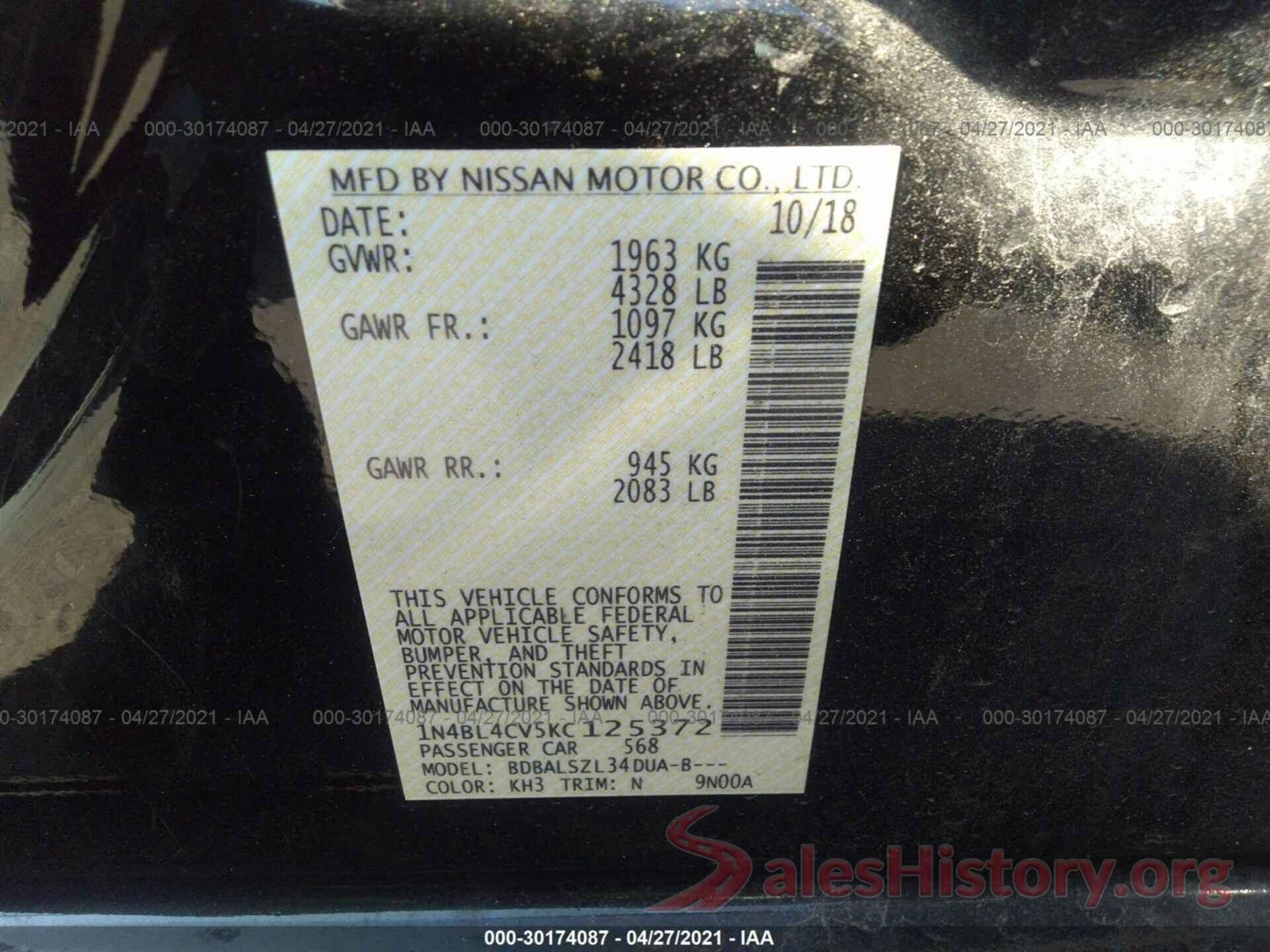 1N4BL4CV5KC125372 2019 NISSAN ALTIMA