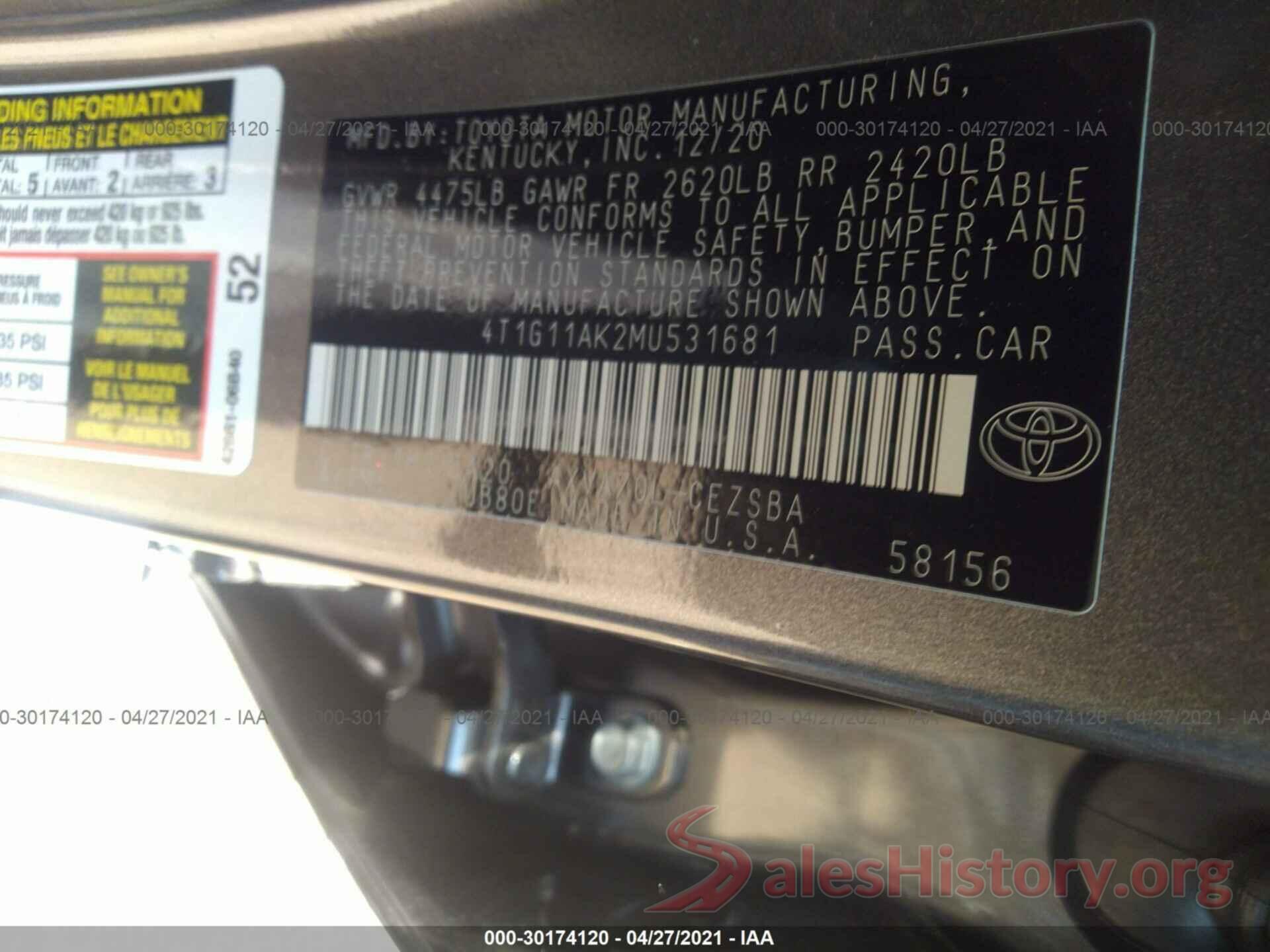 4T1G11AK2MU531681 2021 TOYOTA CAMRY