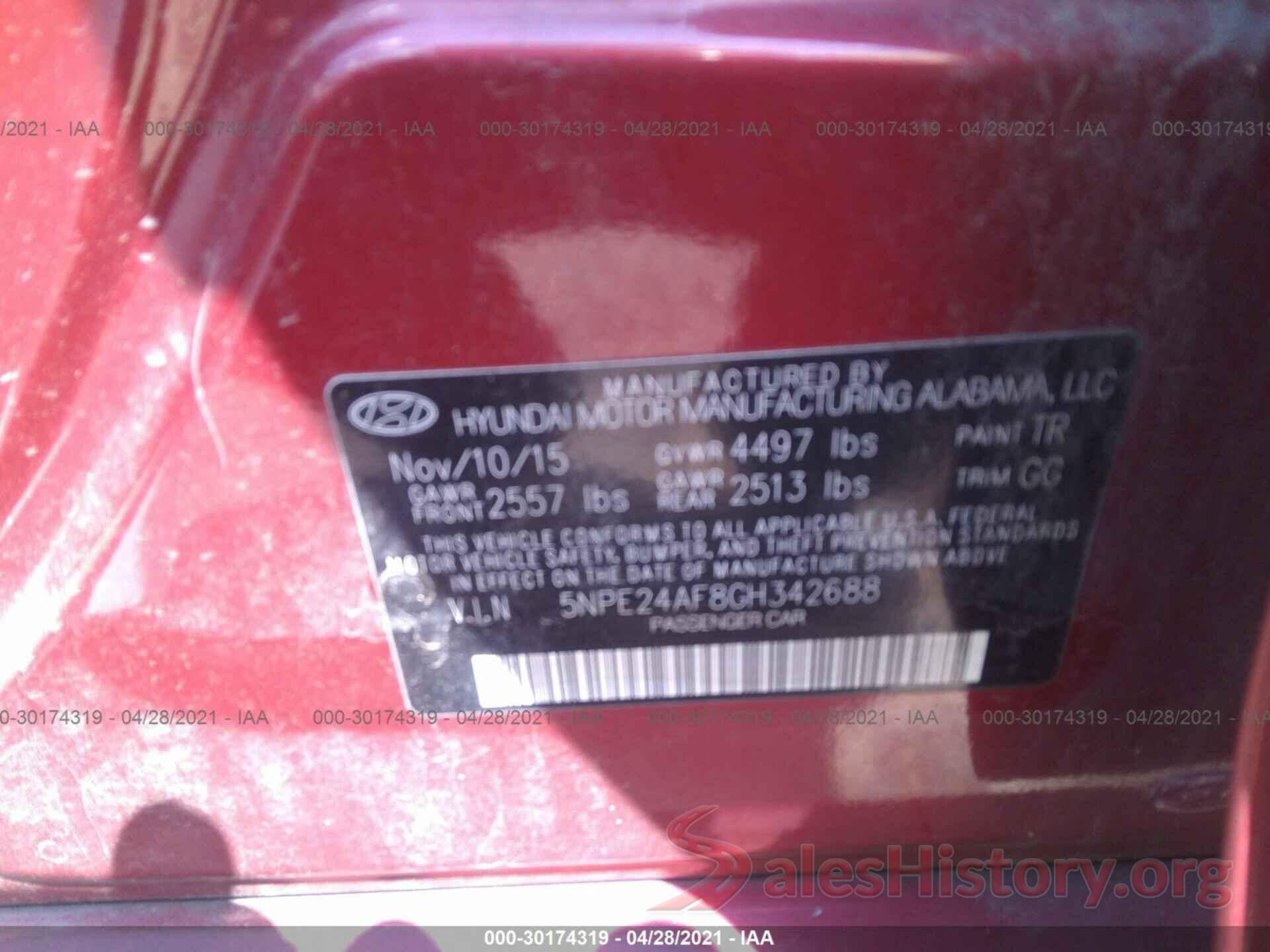 5NPE24AF8GH342688 2016 HYUNDAI SONATA