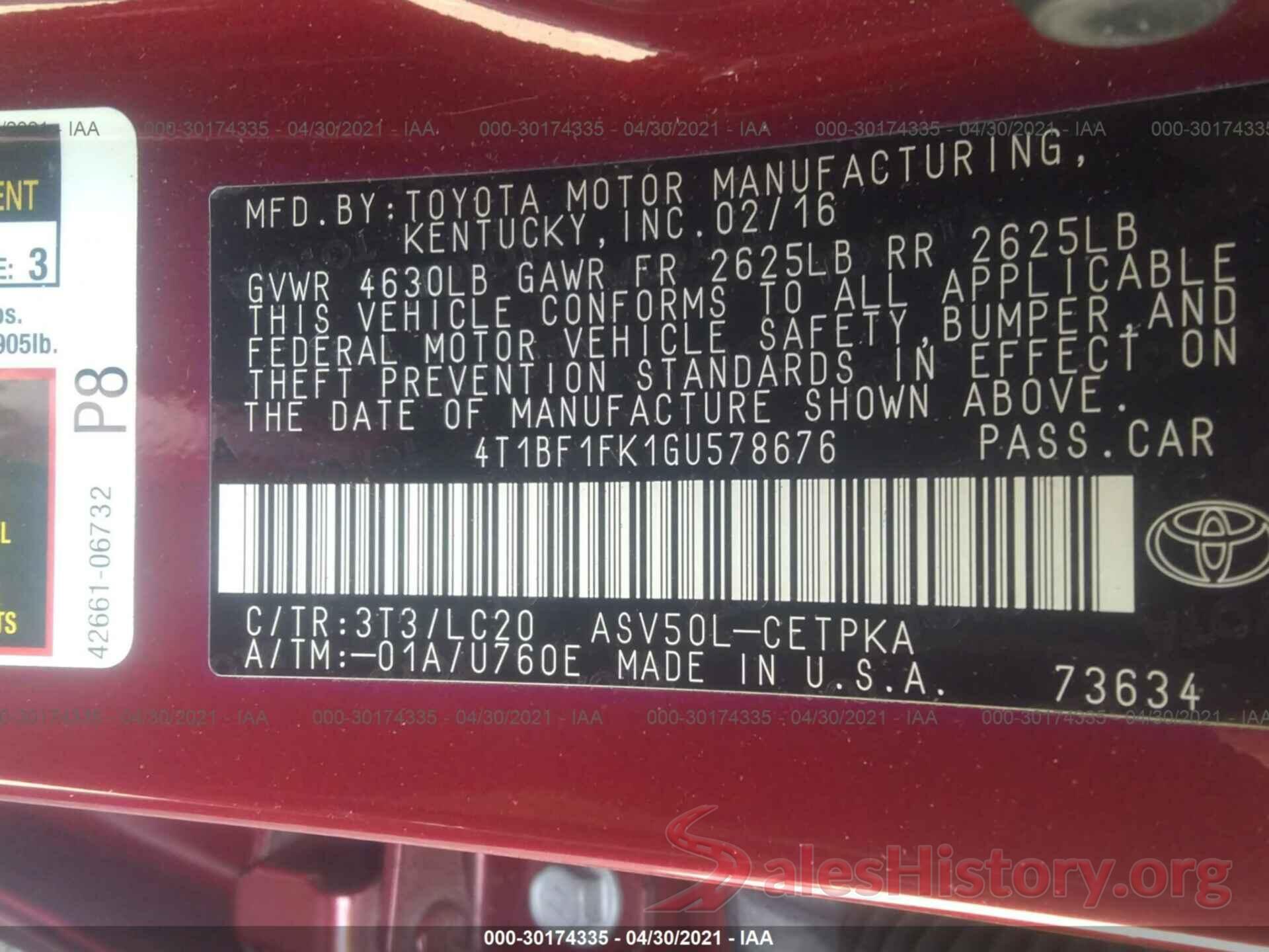 4T1BF1FK1GU578676 2016 TOYOTA CAMRY