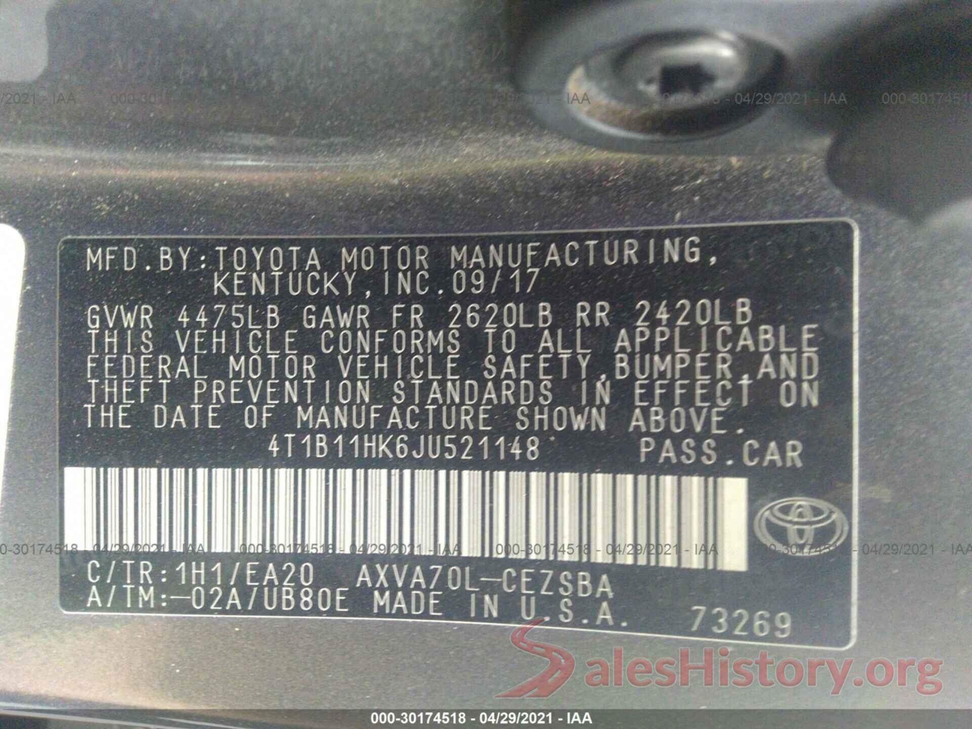 4T1B11HK6JU521148 2018 TOYOTA CAMRY