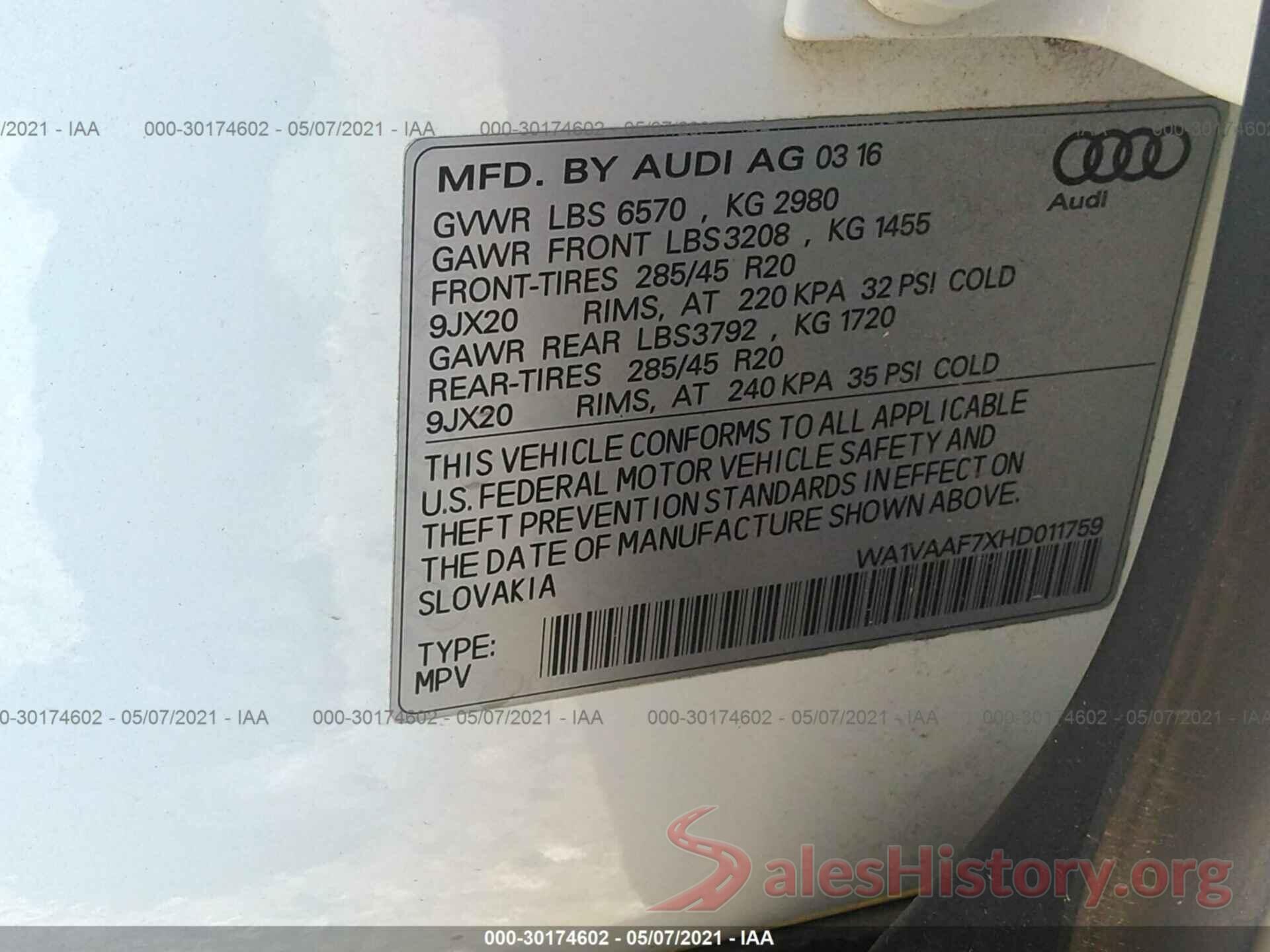 WA1VAAF7XHD011759 2017 AUDI Q7