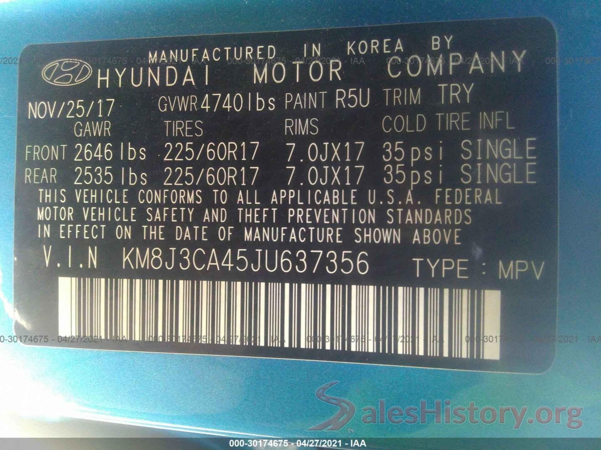 KM8J3CA45JU637356 2018 HYUNDAI TUCSON