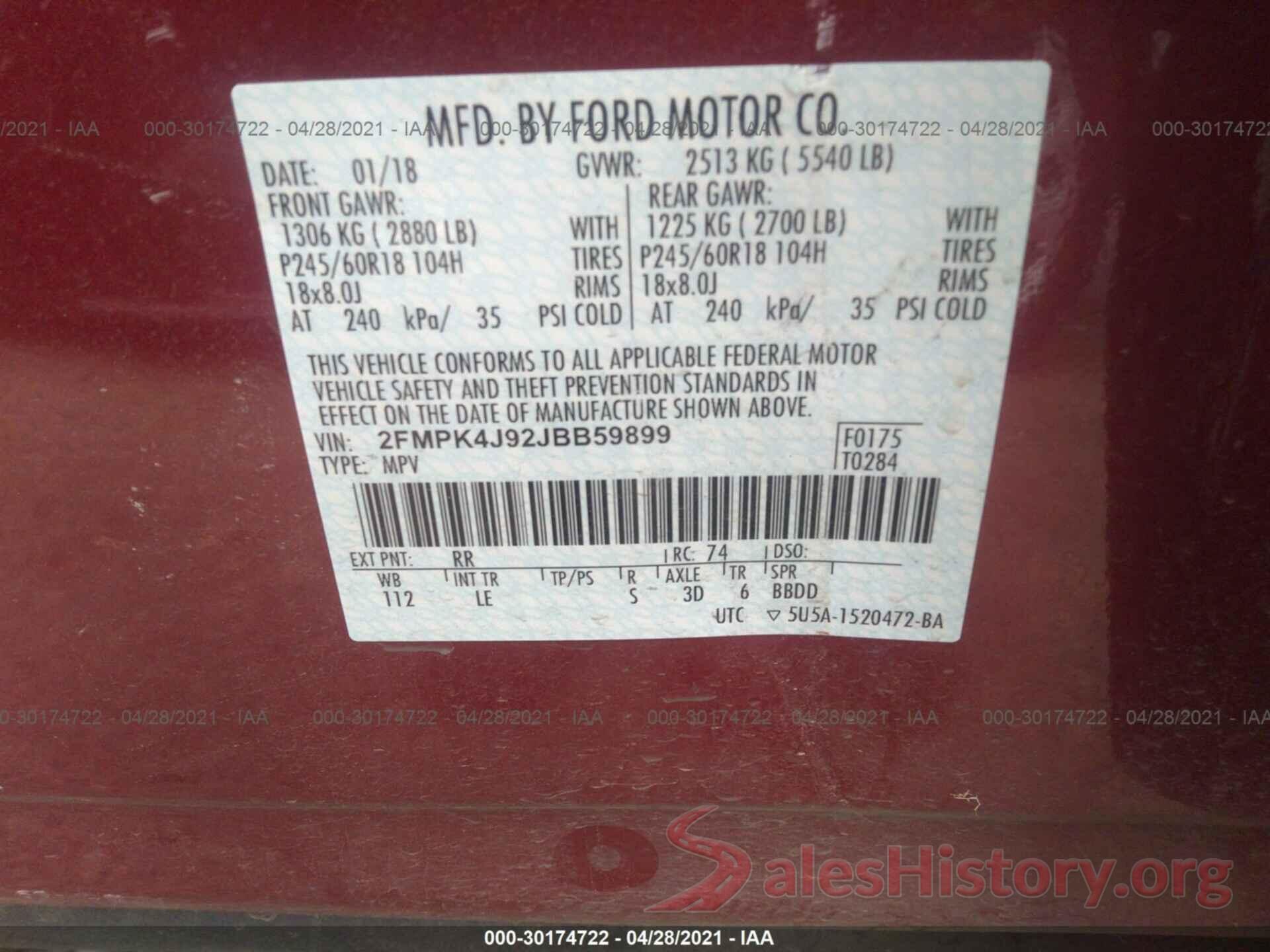 2FMPK4J92JBB59899 2018 FORD EDGE