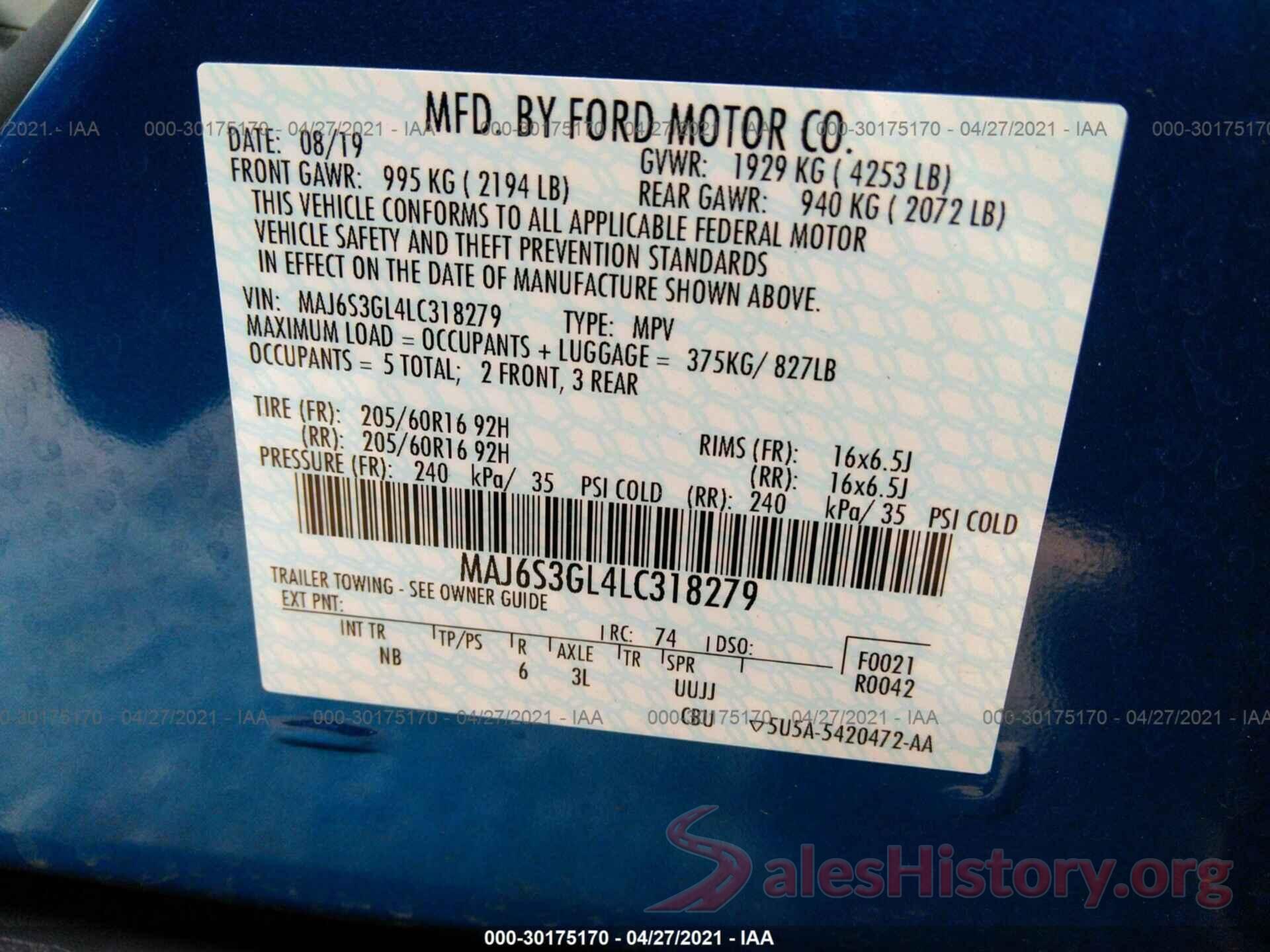 MAJ6S3GL4LC318279 2020 FORD ECOSPORT