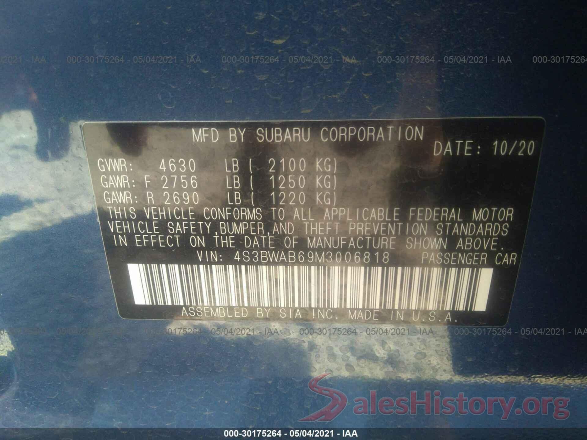 4S3BWAB69M3006818 2021 SUBARU LEGACY