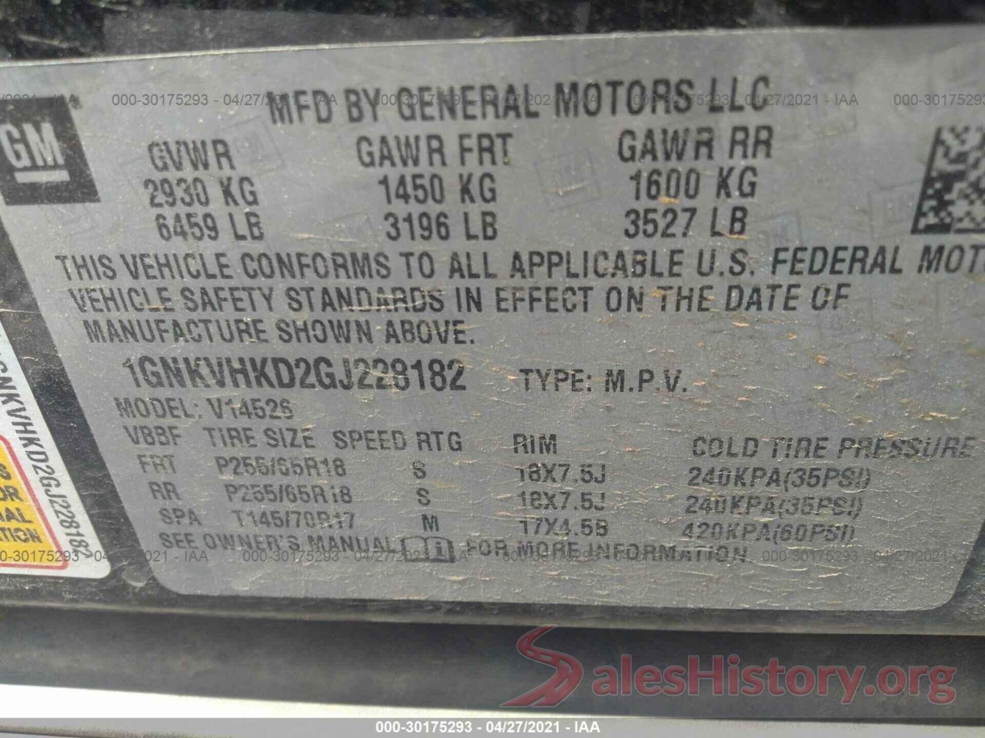 1GNKVHKD2GJ228182 2016 CHEVROLET TRAVERSE