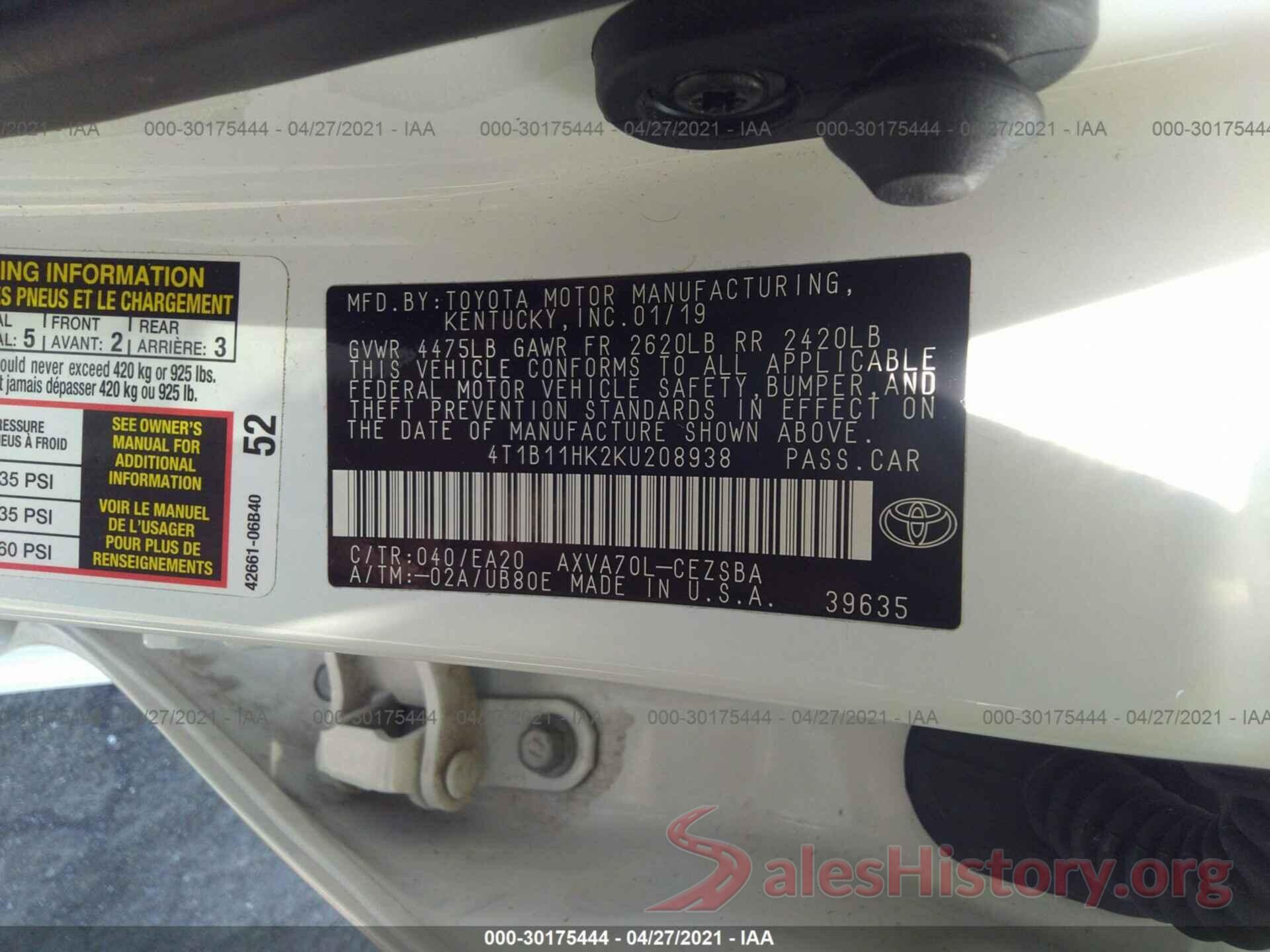 4T1B11HK2KU208938 2019 TOYOTA CAMRY